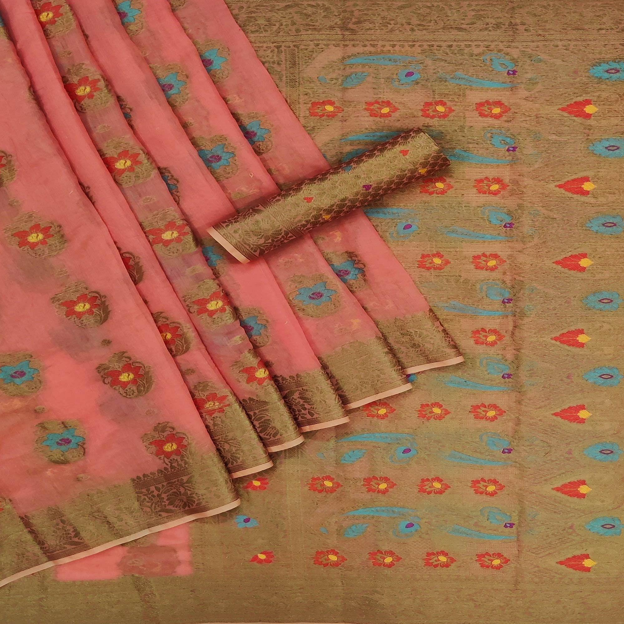 Peach Festive Wear Printed Cotton Saree - Peachmode