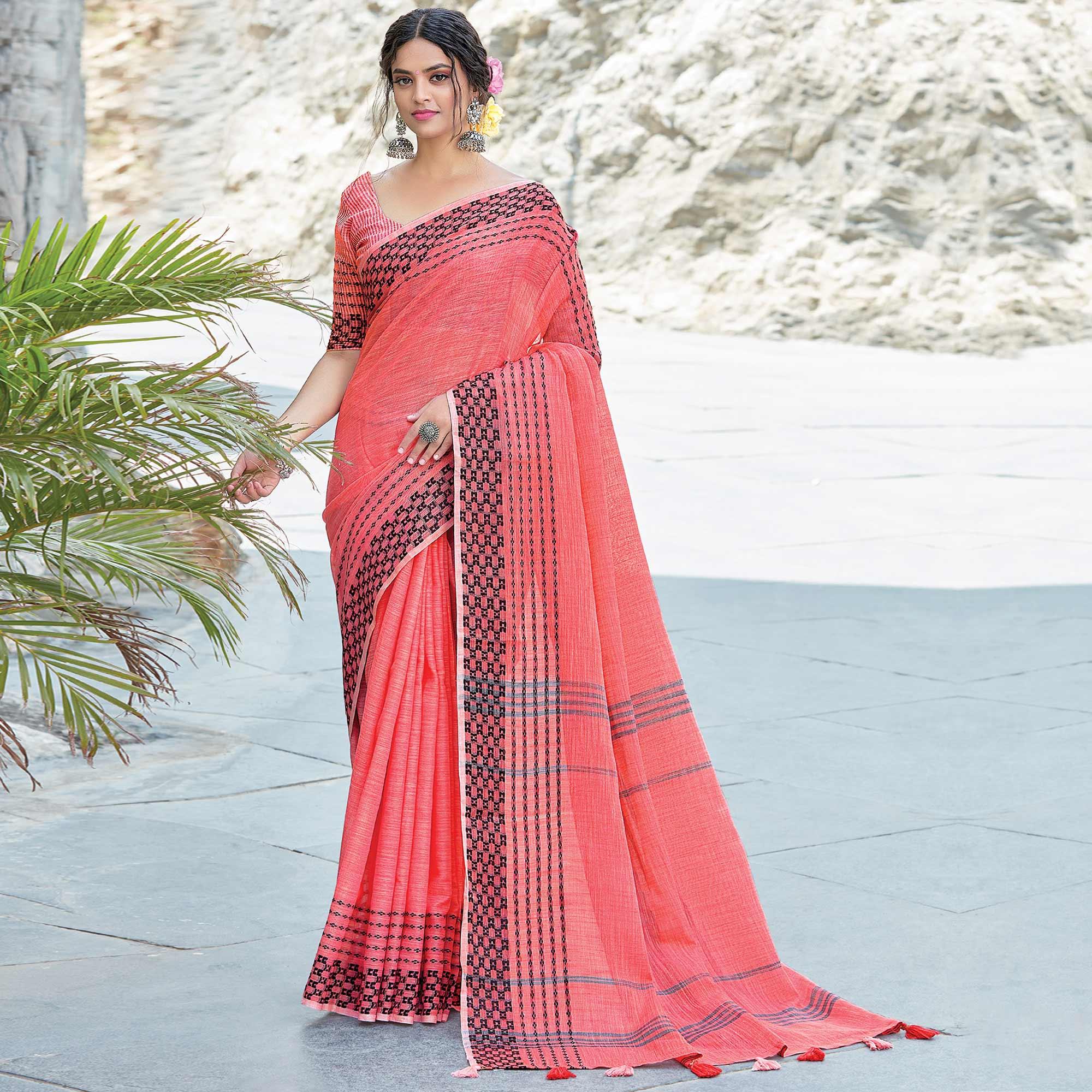 Peach Festive Wear Printed Linen Saree - Peachmode