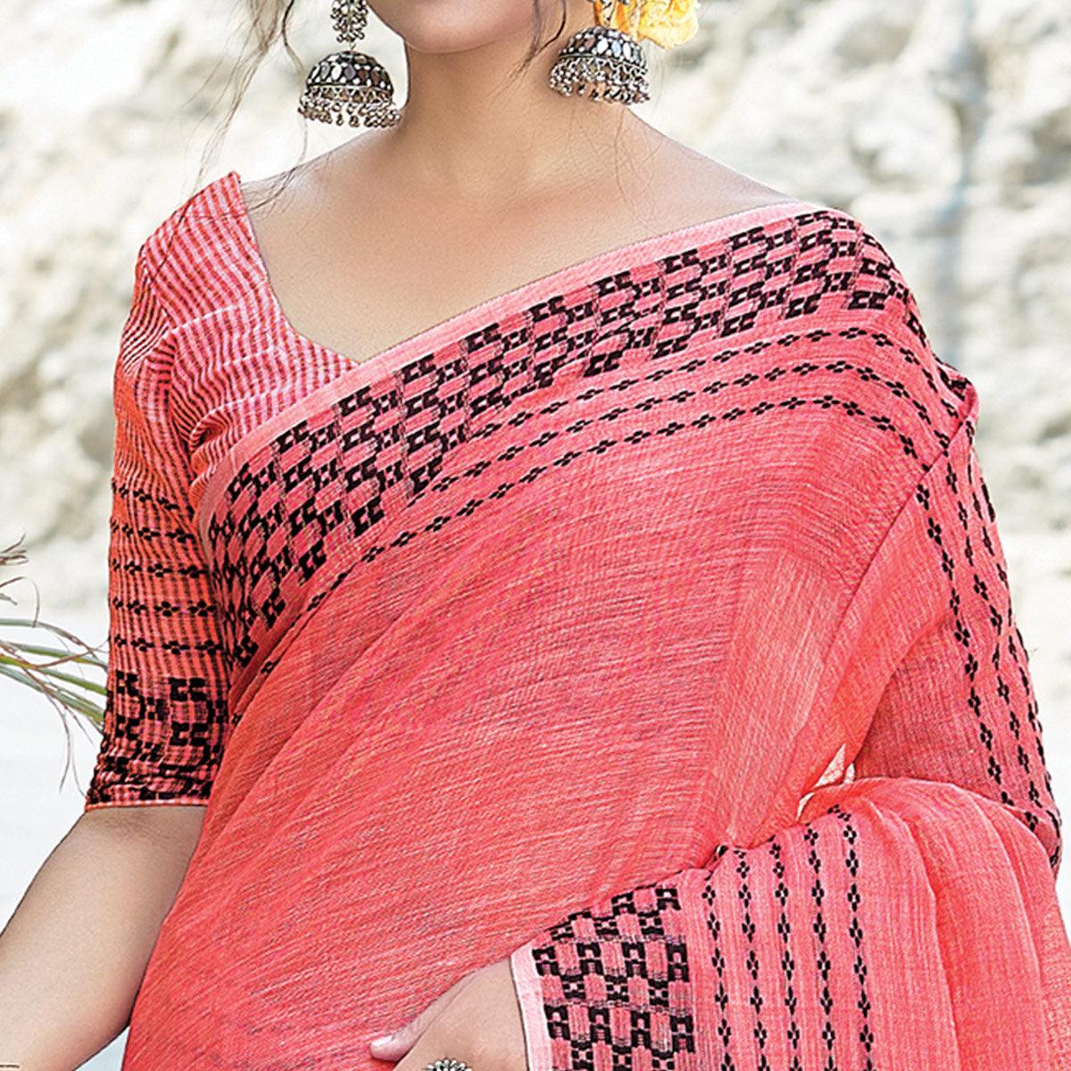 Peach Festive Wear Printed Linen Saree - Peachmode