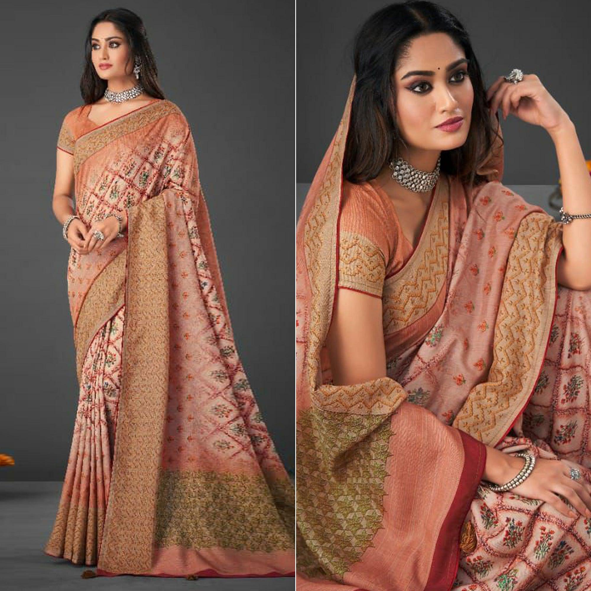 Peach Festive Wear Printed Silk Saree - Peachmode