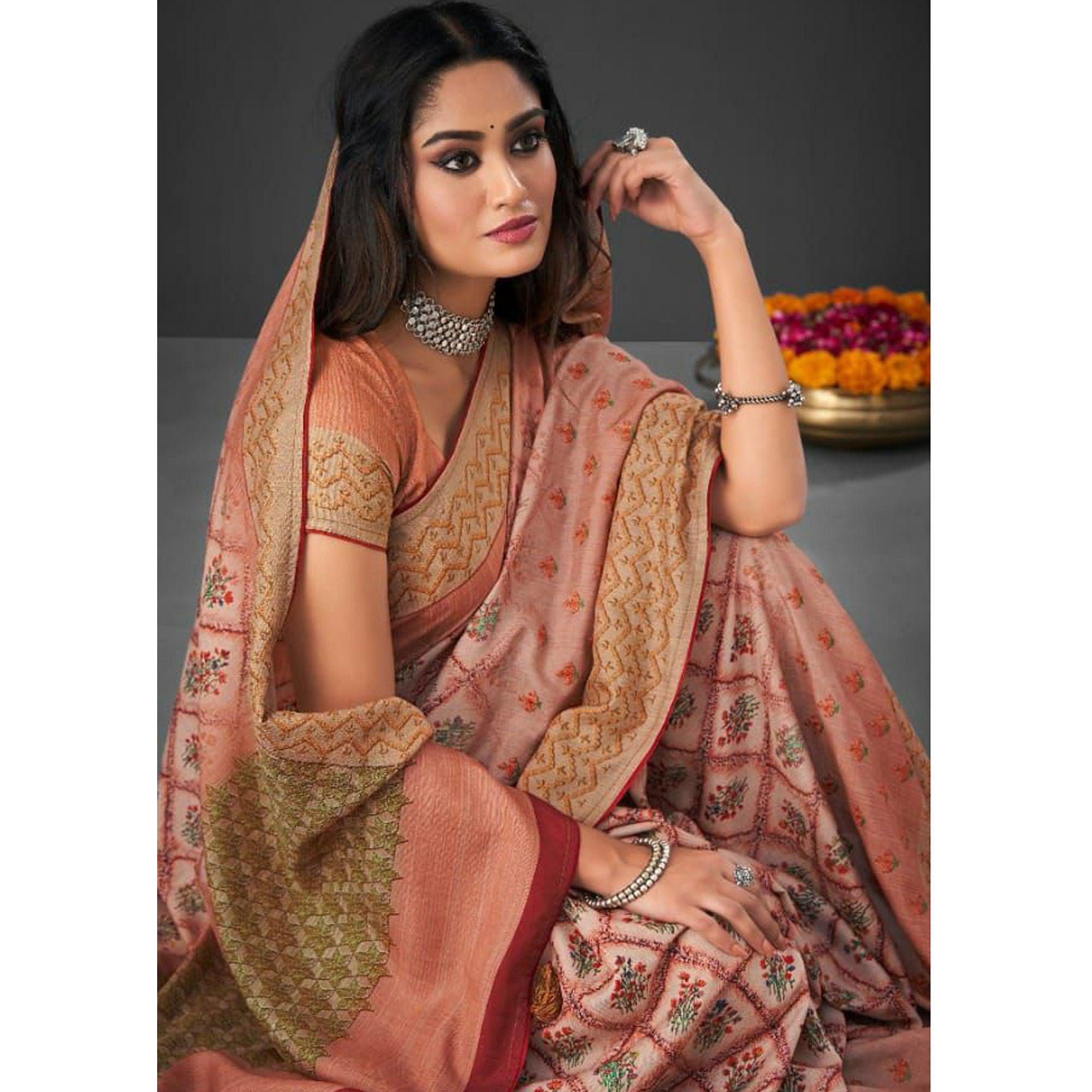 Peach Festive Wear Printed Silk Saree - Peachmode