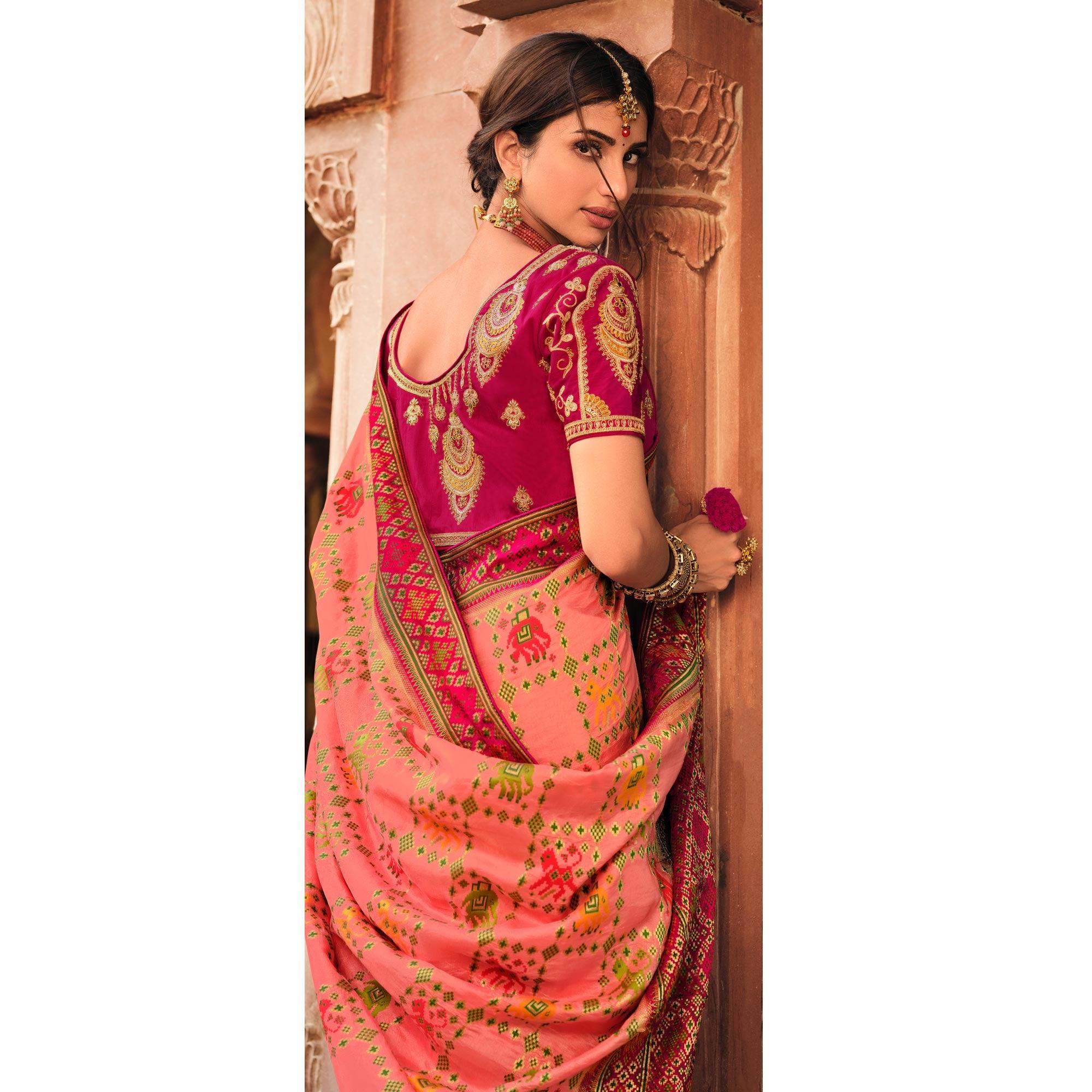 Peach Festive Wear Printed Woven Silk Saree - Peachmode