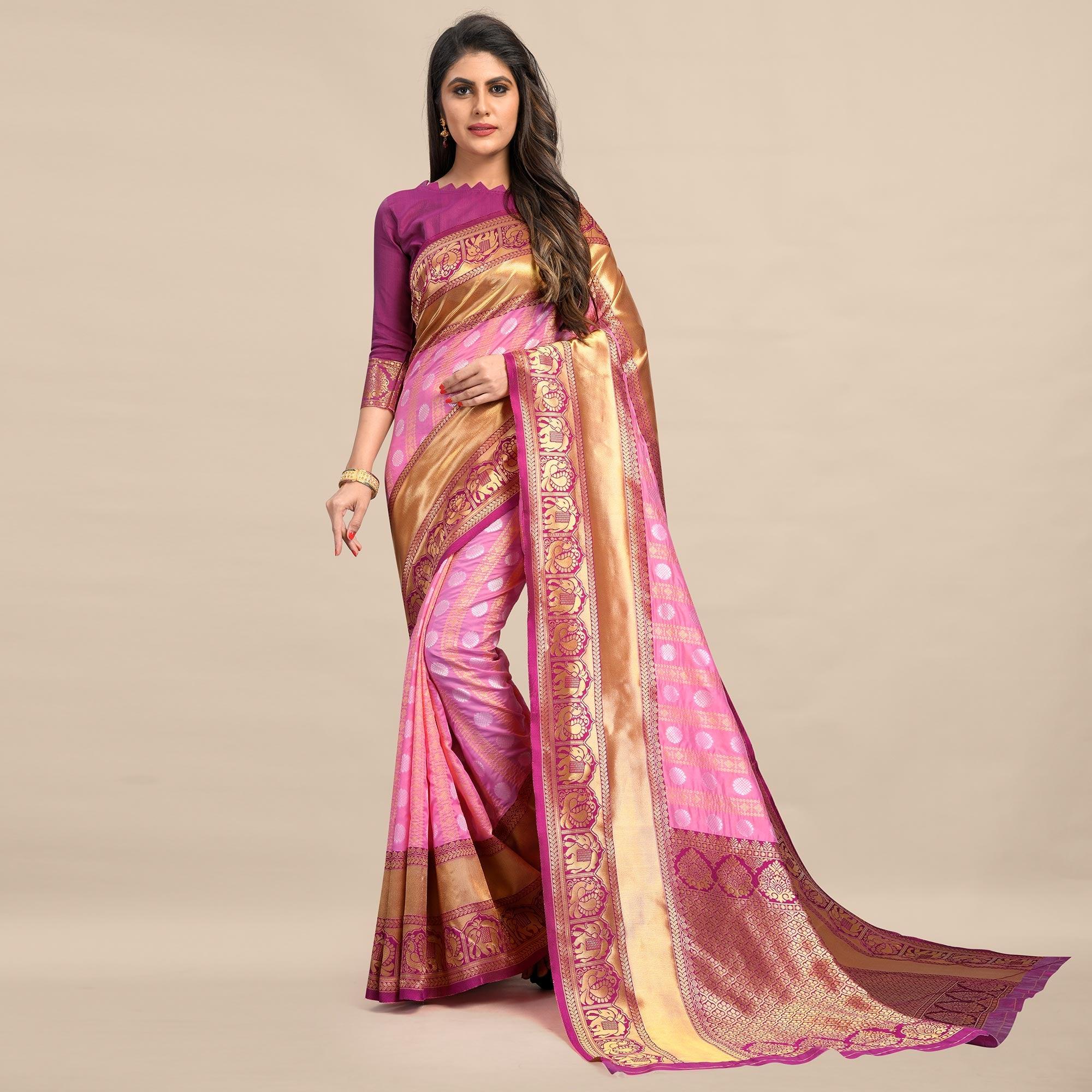 Peach Festive Wear Rich Woven Border Soft Banarasi Silk Saree - Peachmode