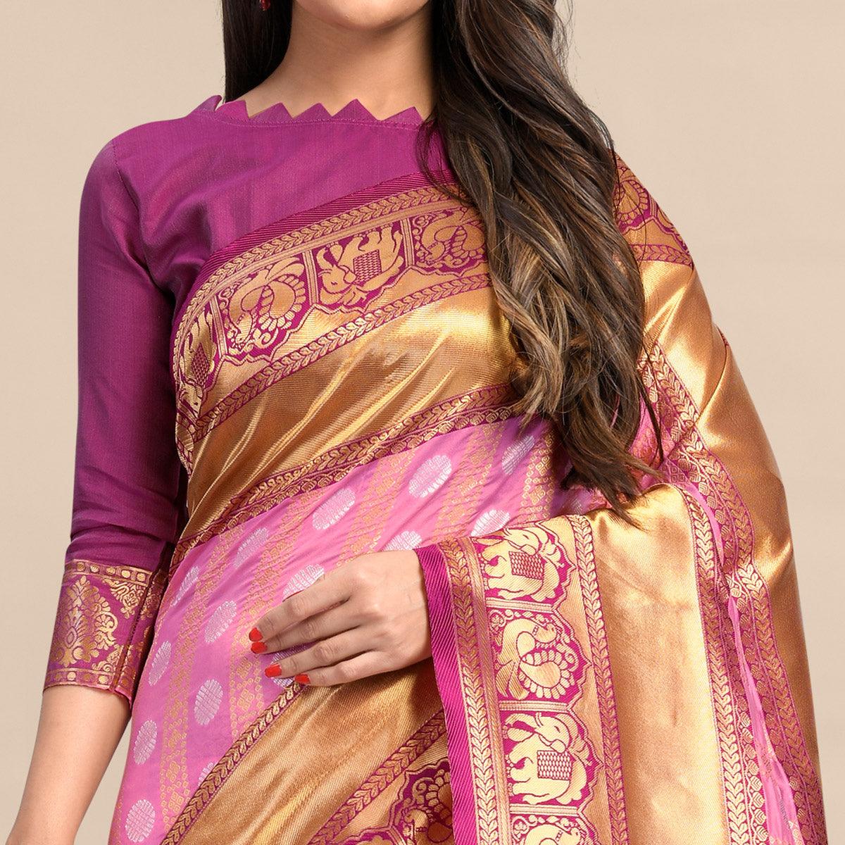 Peach Festive Wear Rich Woven Border Soft Banarasi Silk Saree - Peachmode