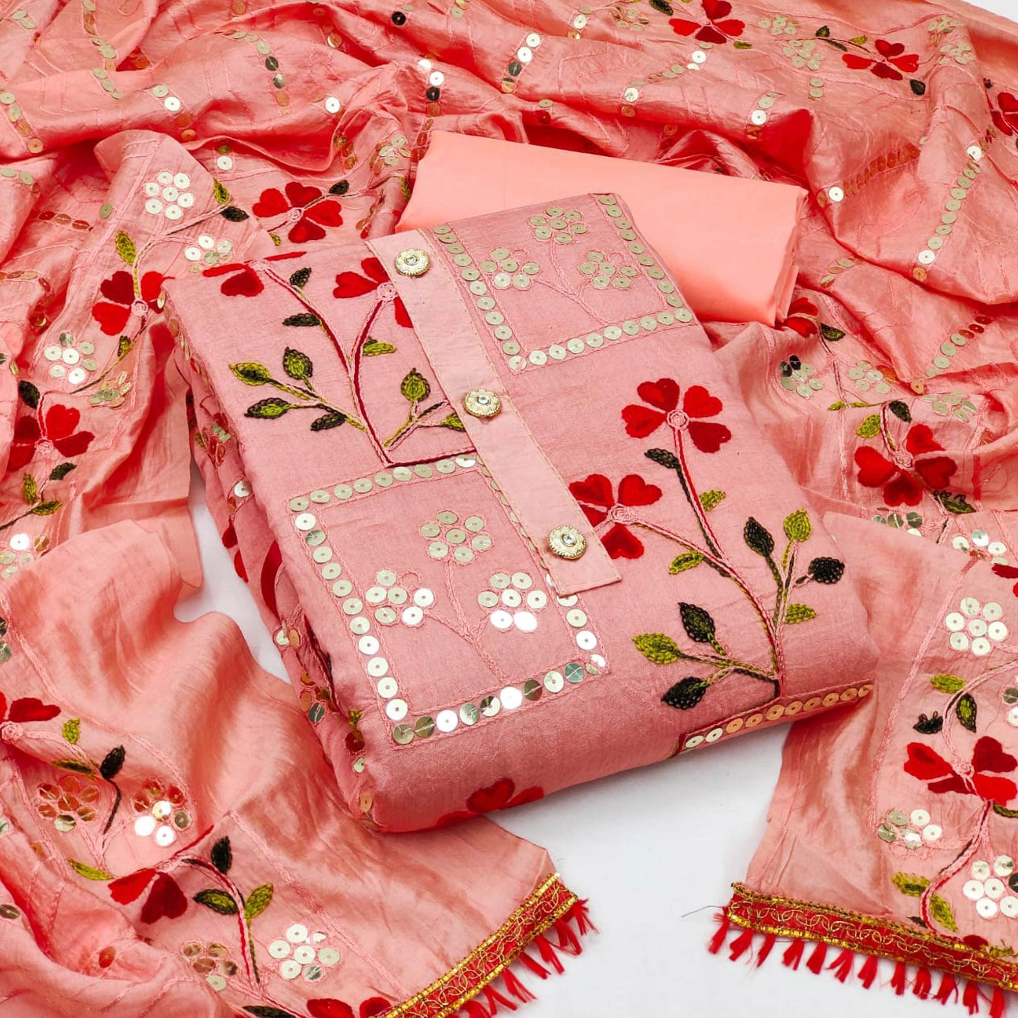 Peach Festive Wear Sequence Embroidered Chanderi Dress Material - Peachmode
