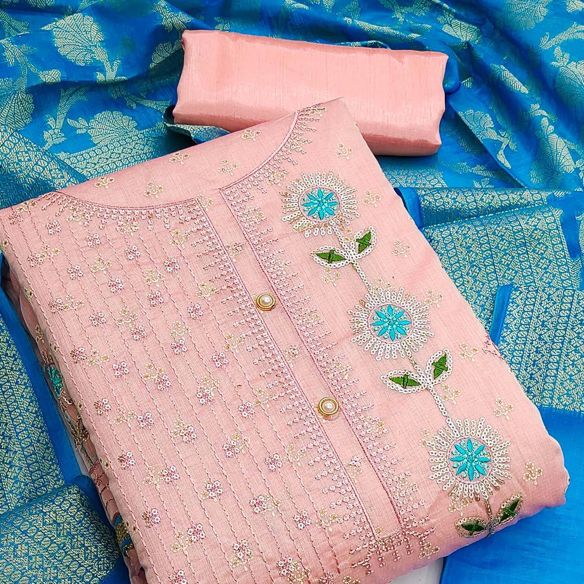 Peach Festive Wear Sequence Embroidered Chanderi Dress Material - Peachmode