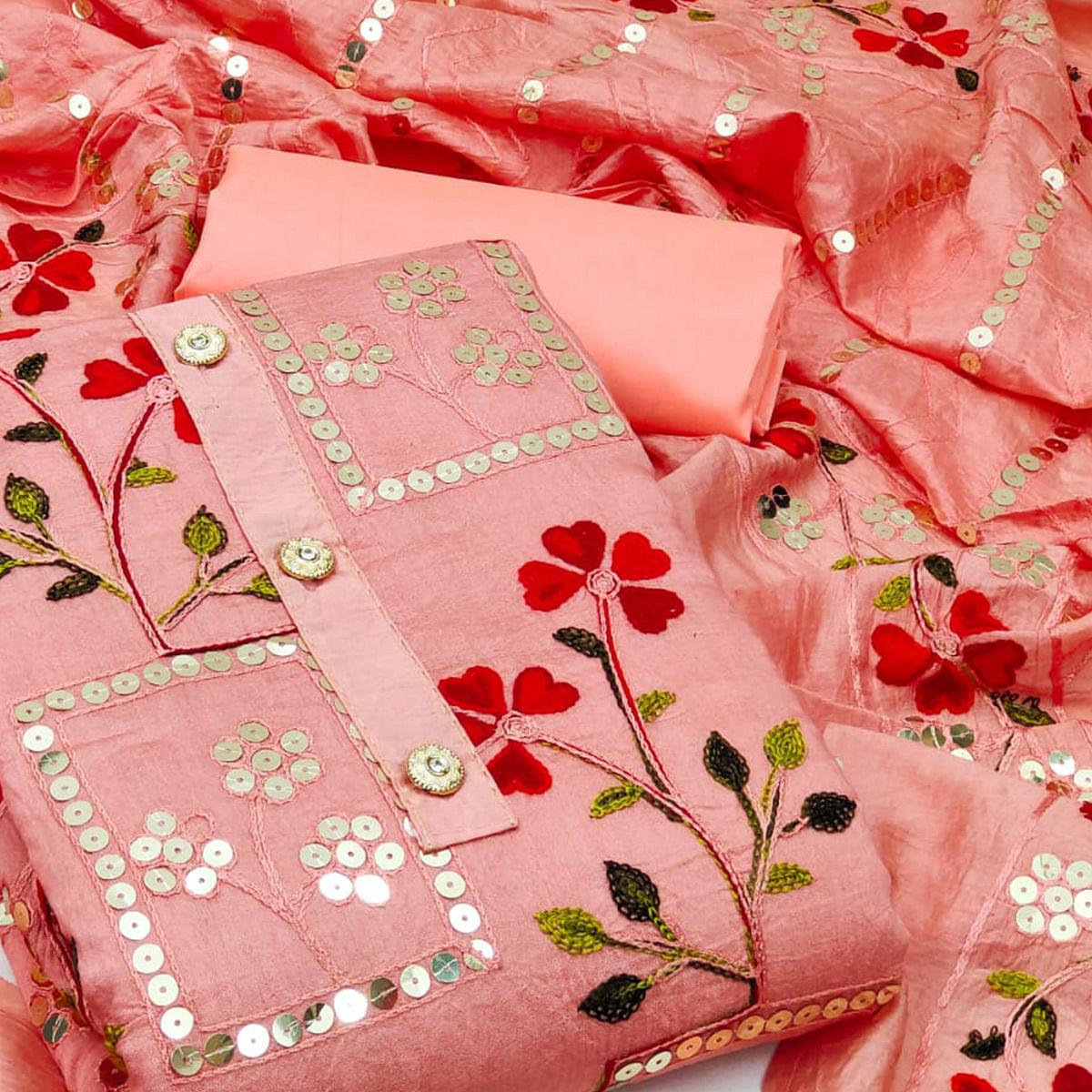 Peach Festive Wear Sequence Embroidered Chanderi Dress Material - Peachmode
