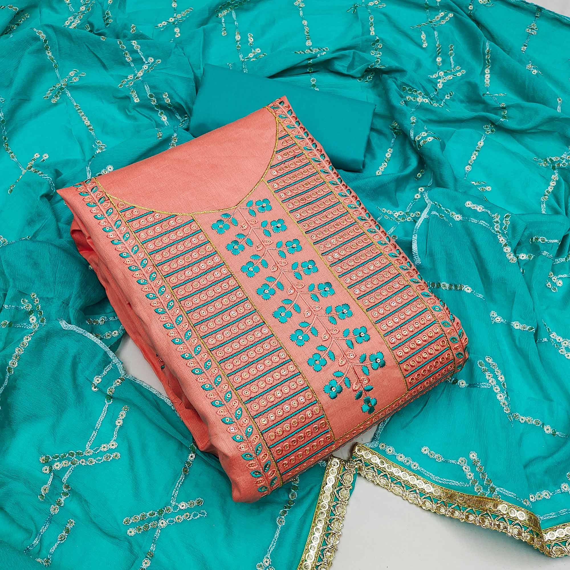 Peach Festive Wear Sequence Embroidered Cotton Dress Material - Peachmode