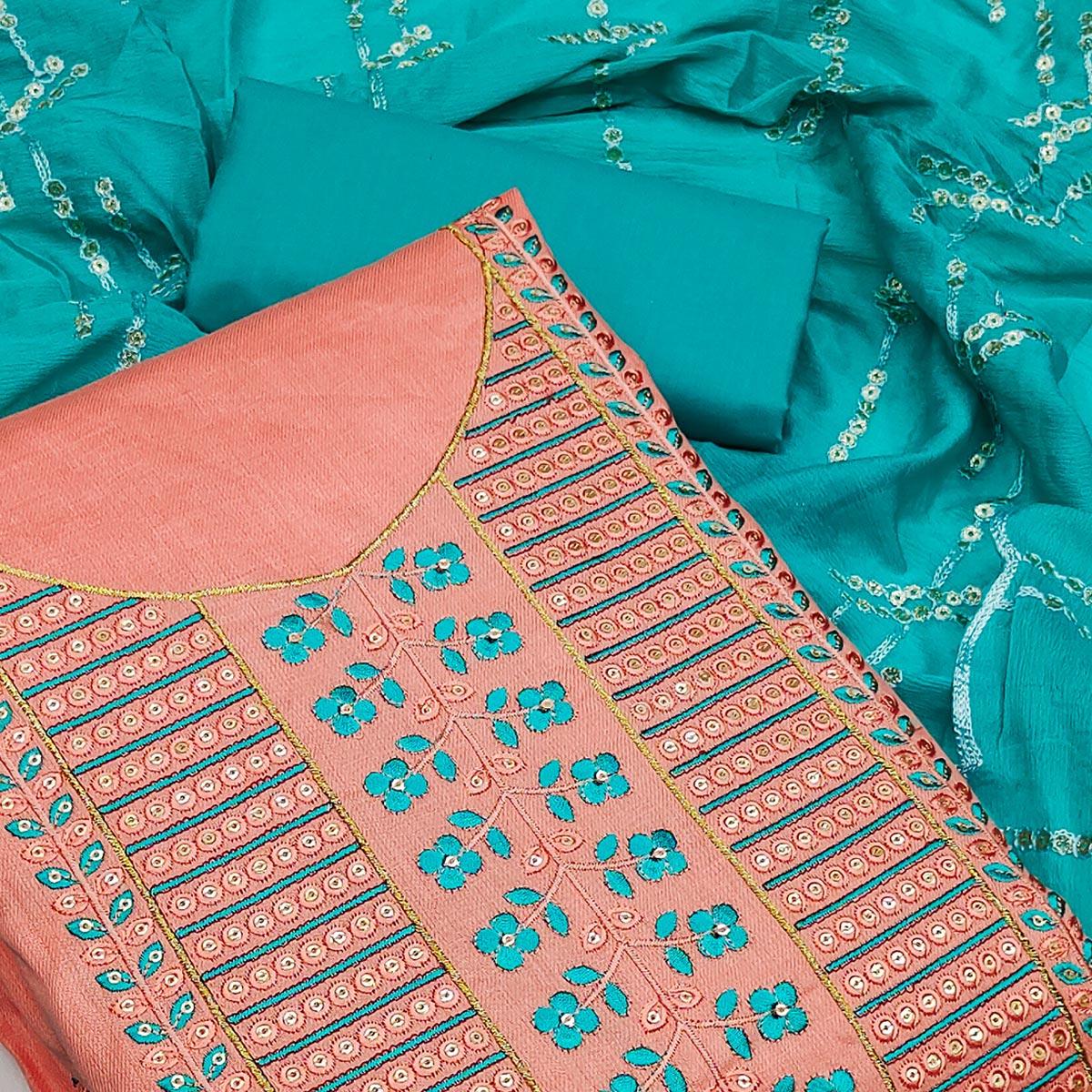 Peach Festive Wear Sequence Embroidered Cotton Dress Material - Peachmode