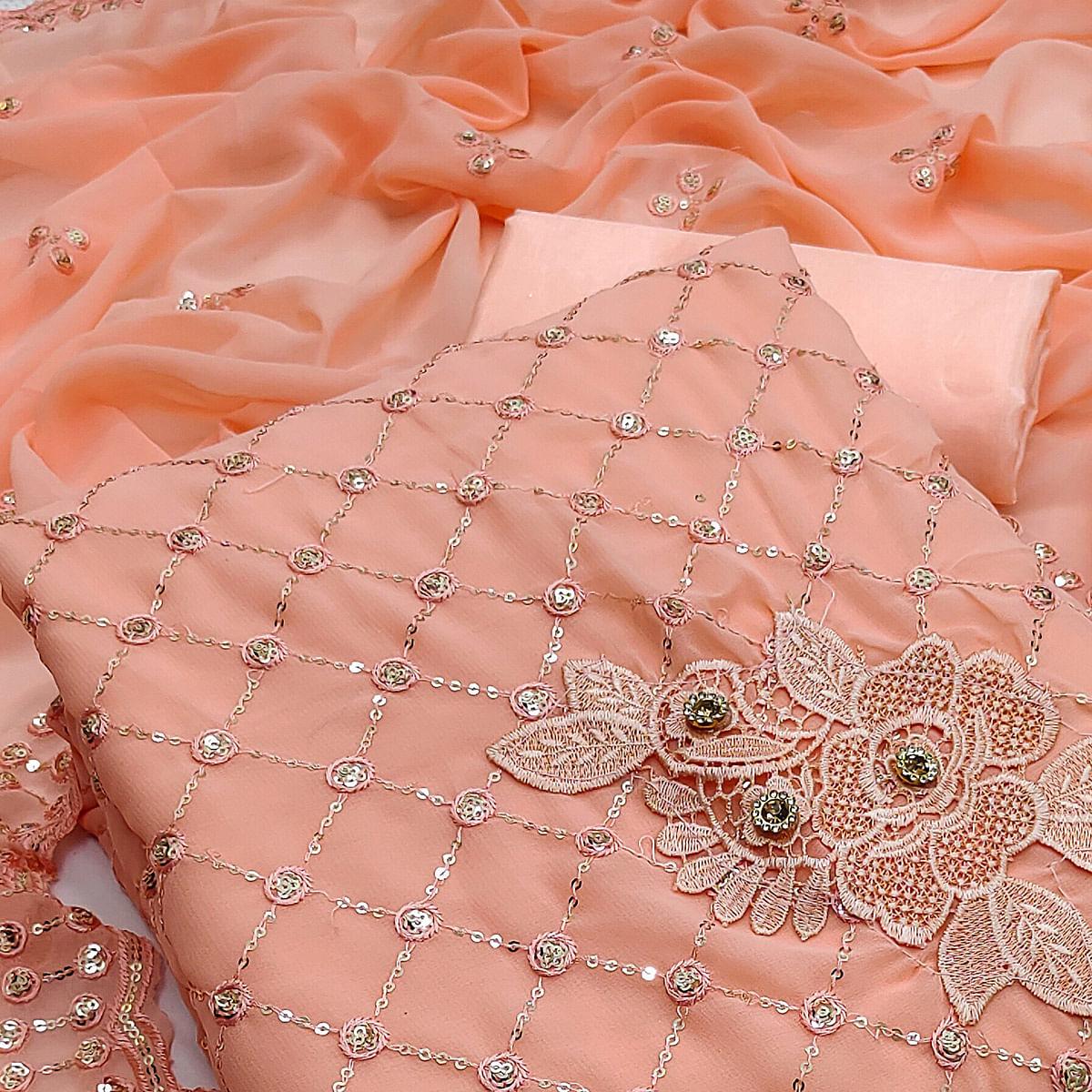 Peach Festive Wear Sequence Embroidered Georgette Dress Material - Peachmode