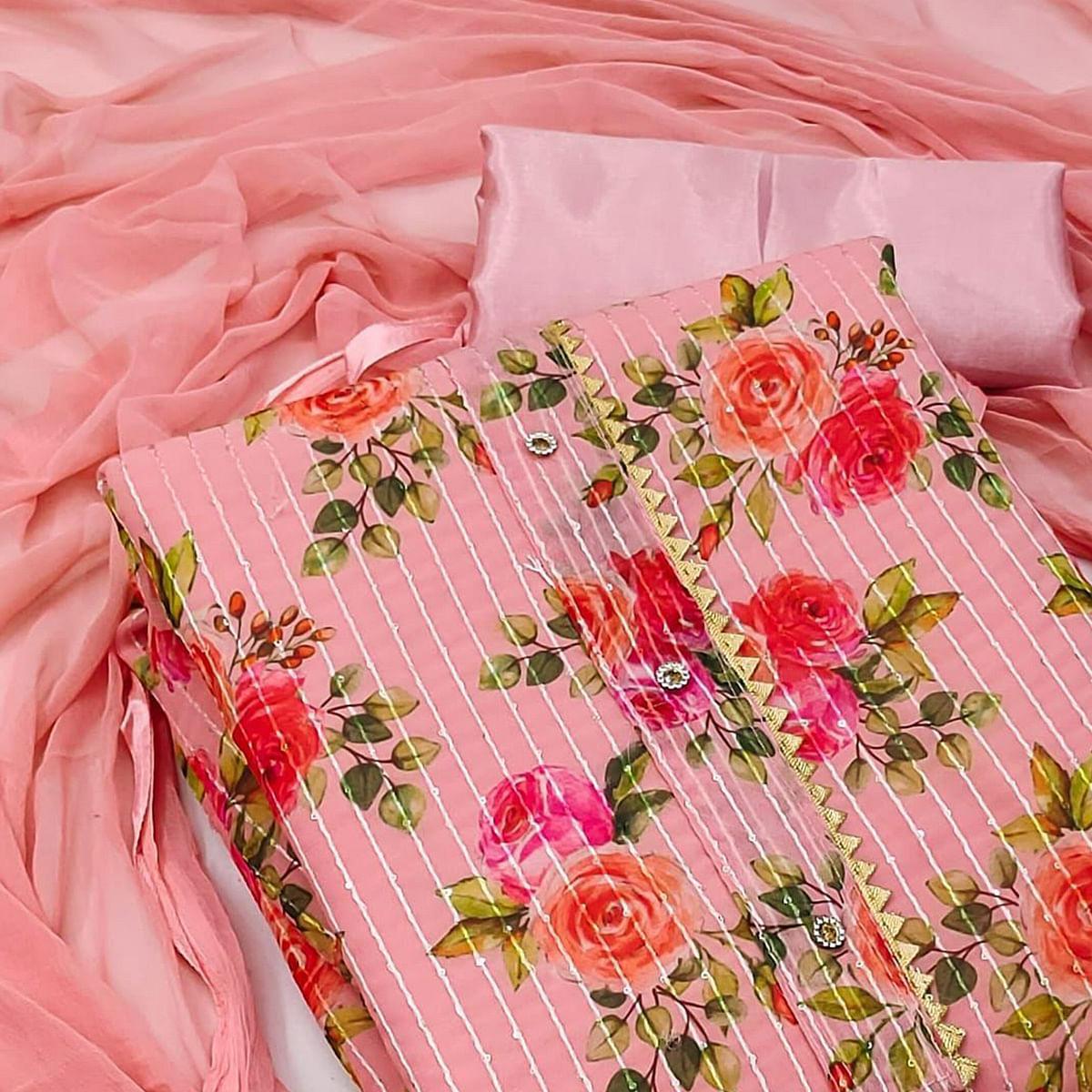 Peach Festive Wear Sequence Embroidered Georgette Dress Material - Peachmode