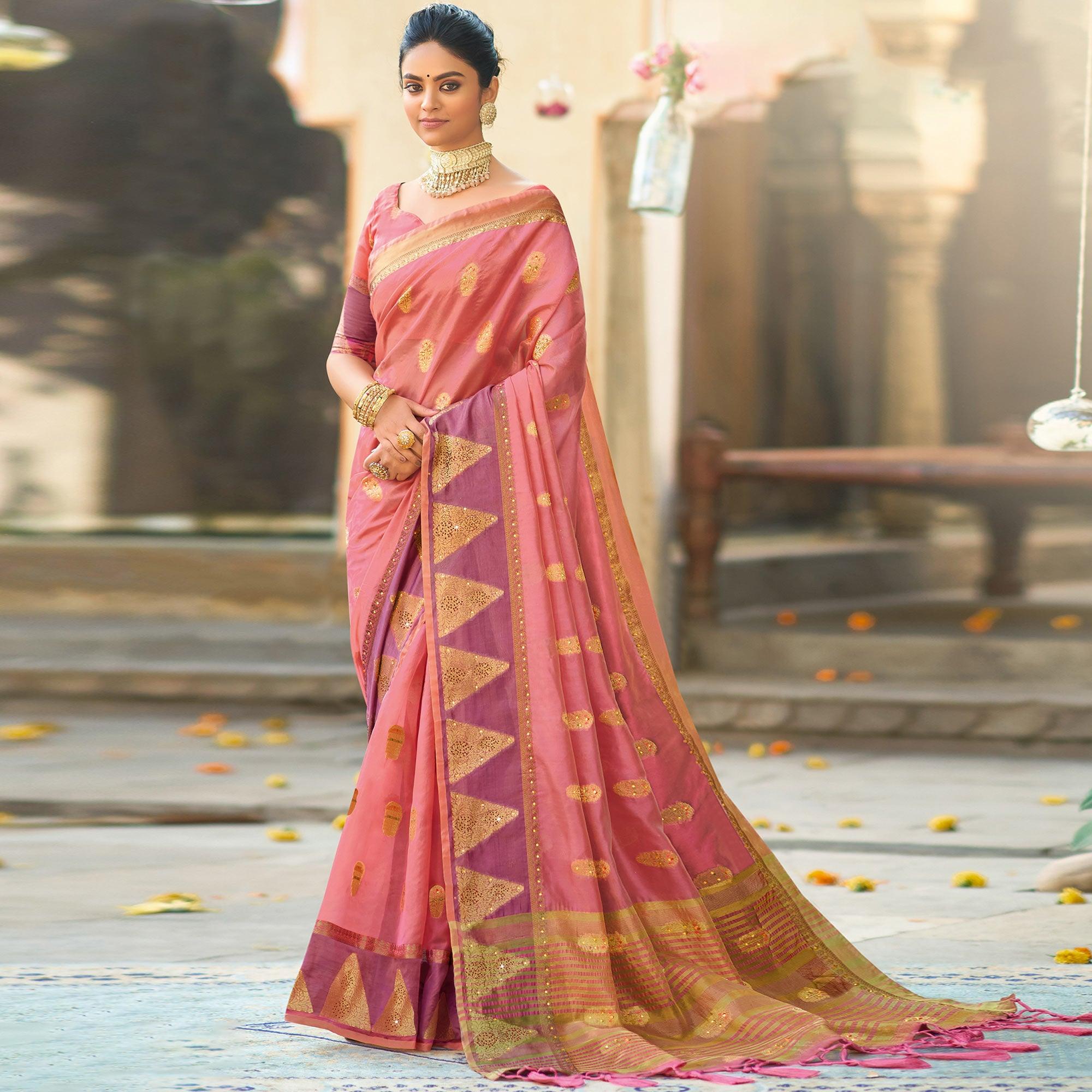 Peach Festive Wear Sequence Embroidered Organza Saree - Peachmode