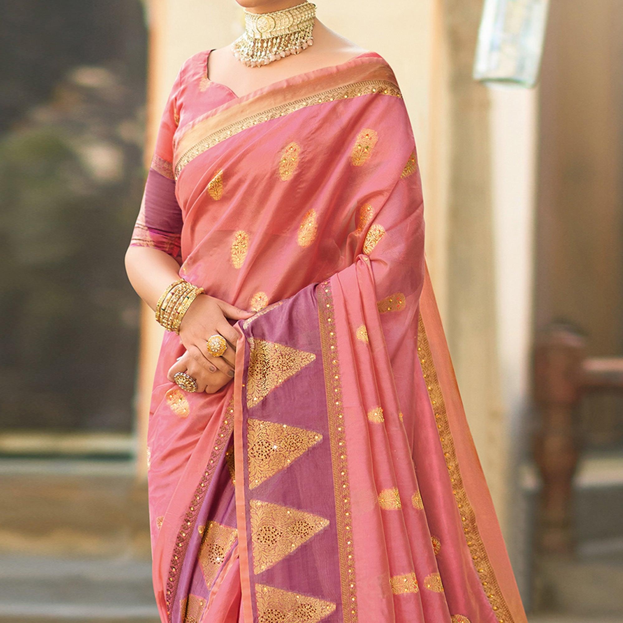 Peach Festive Wear Sequence Embroidered Organza Saree - Peachmode