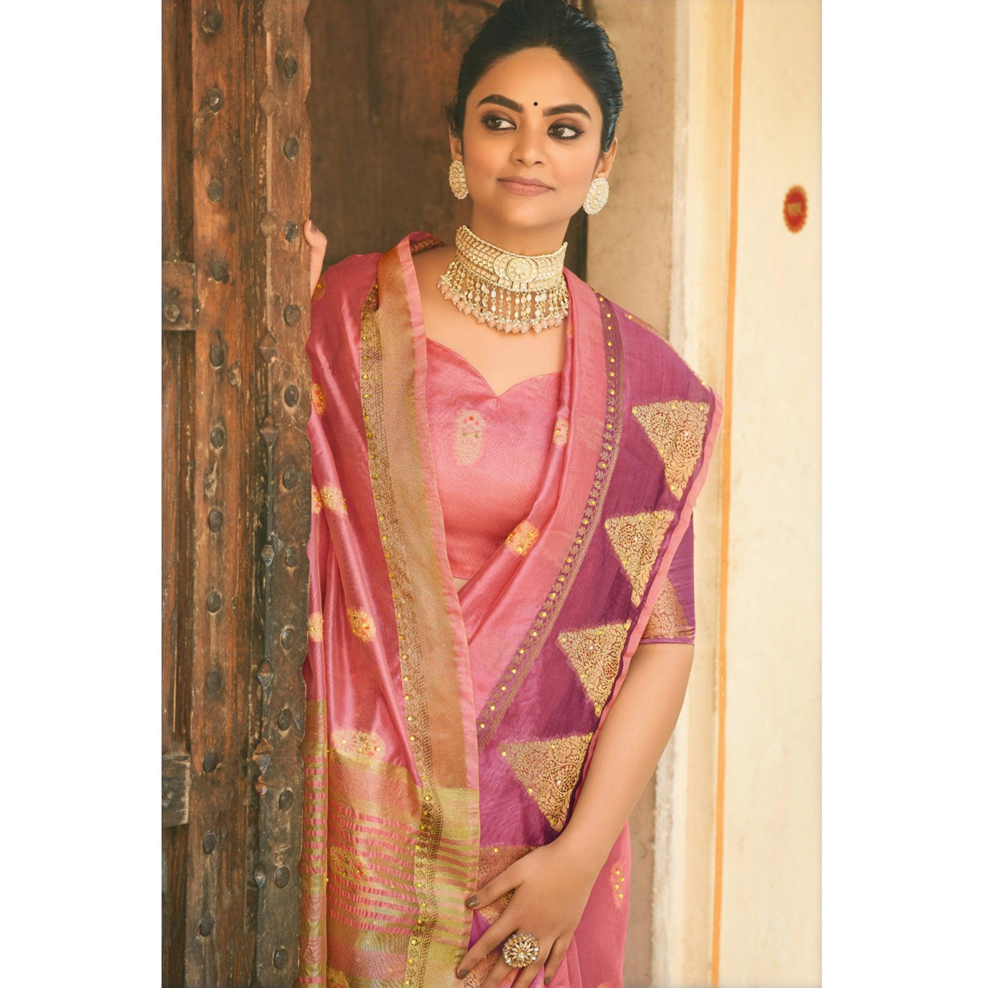 Peach Festive Wear Sequence Embroidered Organza Saree - Peachmode