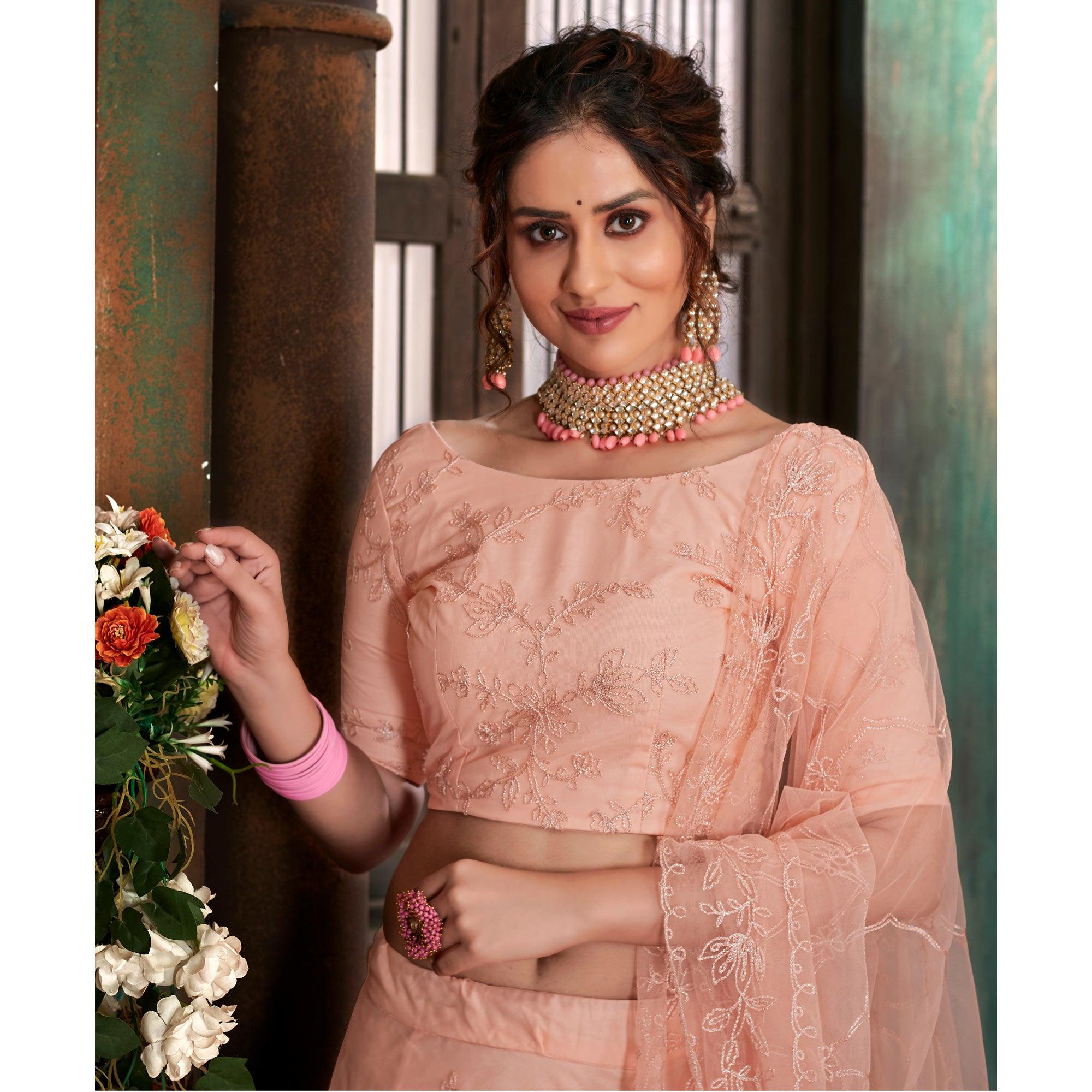 Peach Festive Wear Thread Embroidered Net Lehenga Choli - Peachmode