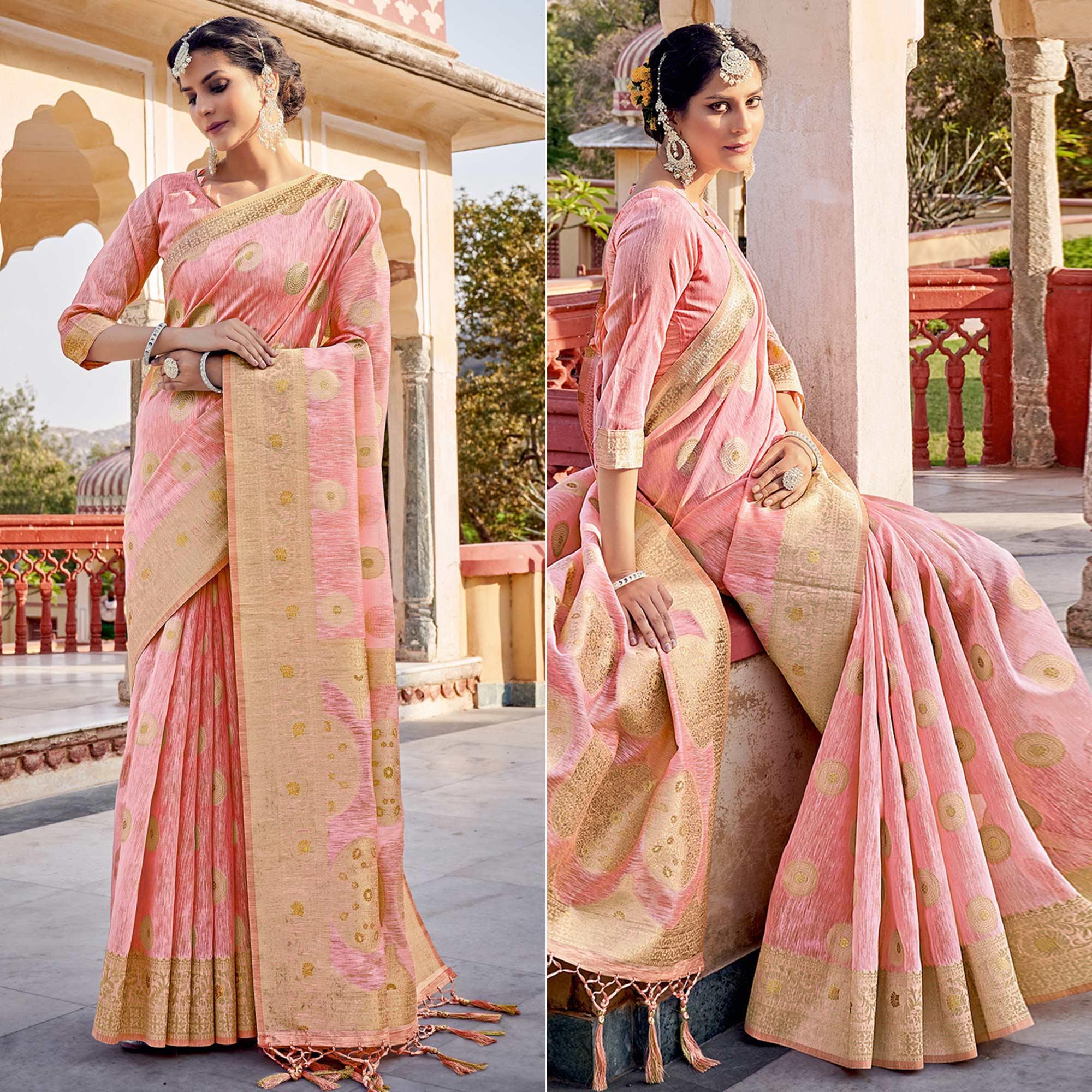 Peach Festive Wear Weaving Work Linen Saree With Tassels - Peachmode