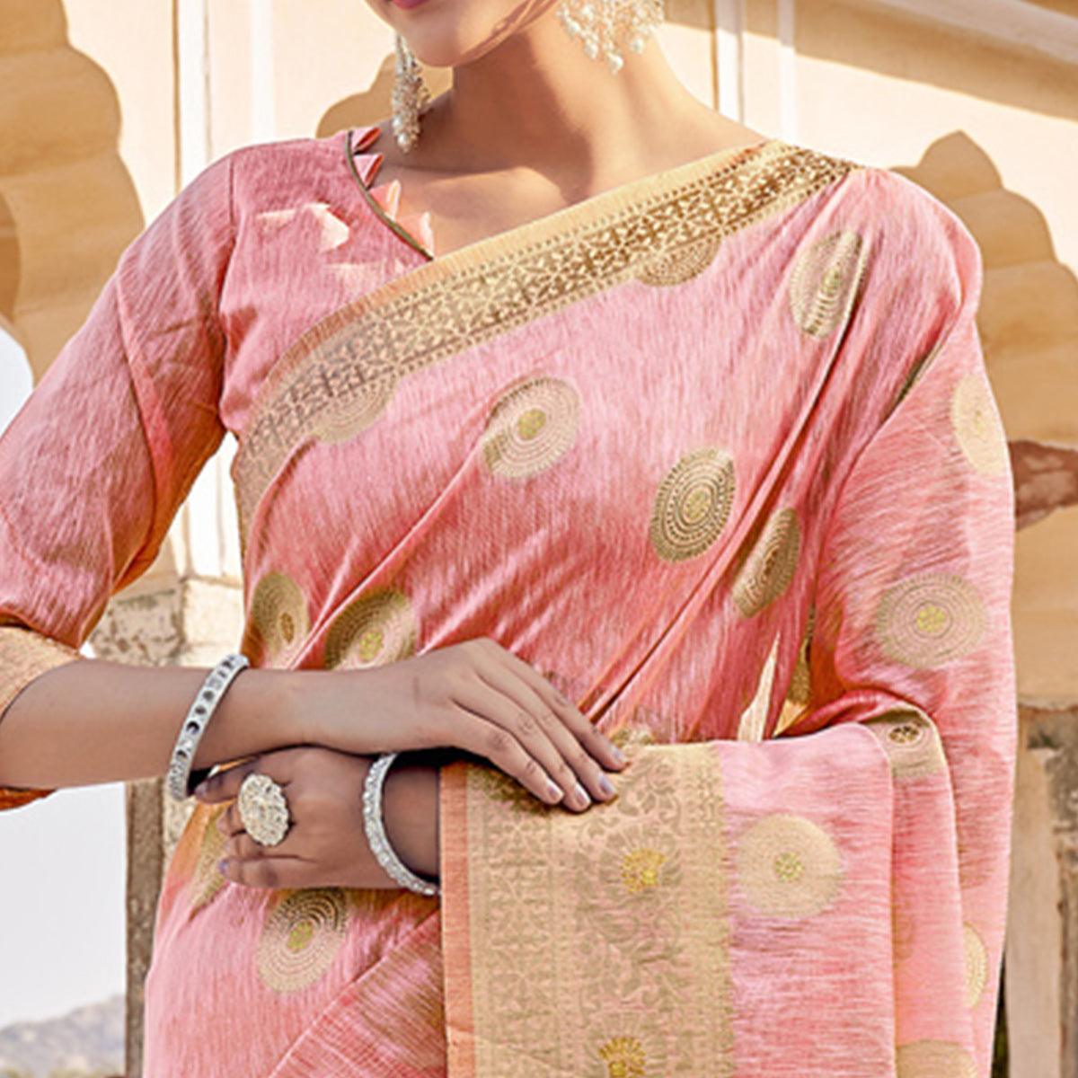 Peach Festive Wear Weaving Work Linen Saree With Tassels - Peachmode