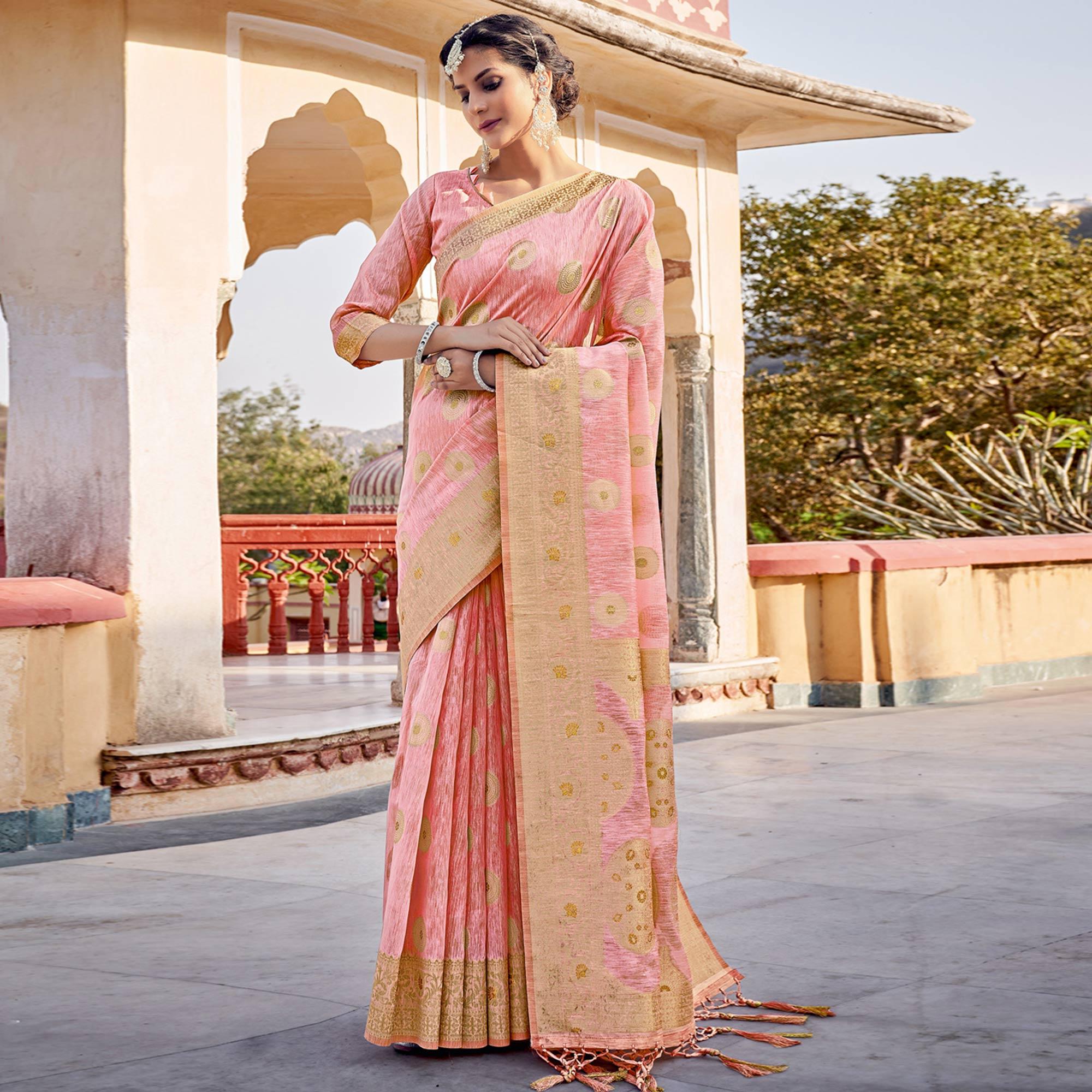 Peach Festive Wear Weaving Work Linen Saree With Tassels - Peachmode