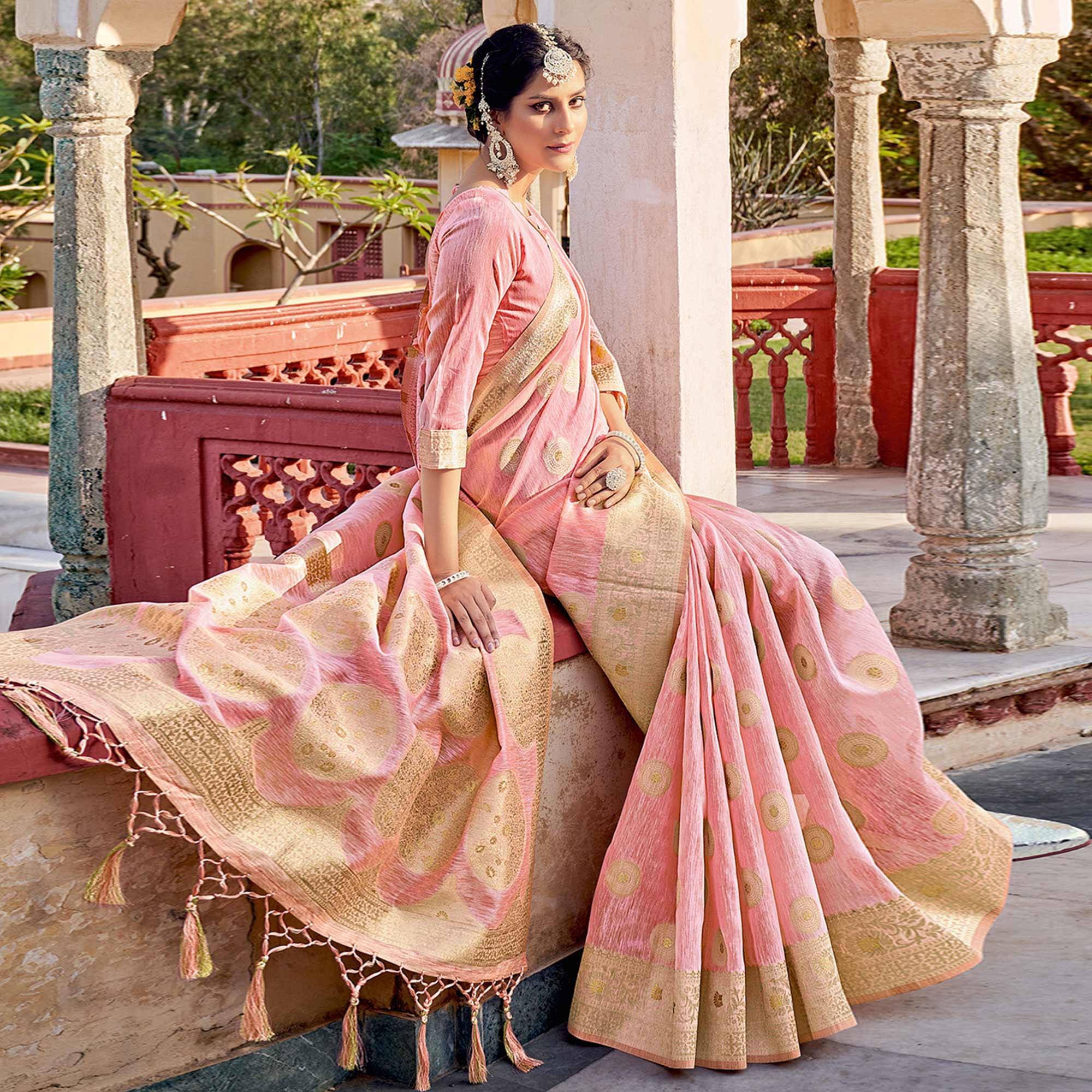 Peach Festive Wear Weaving Work Linen Saree With Tassels - Peachmode