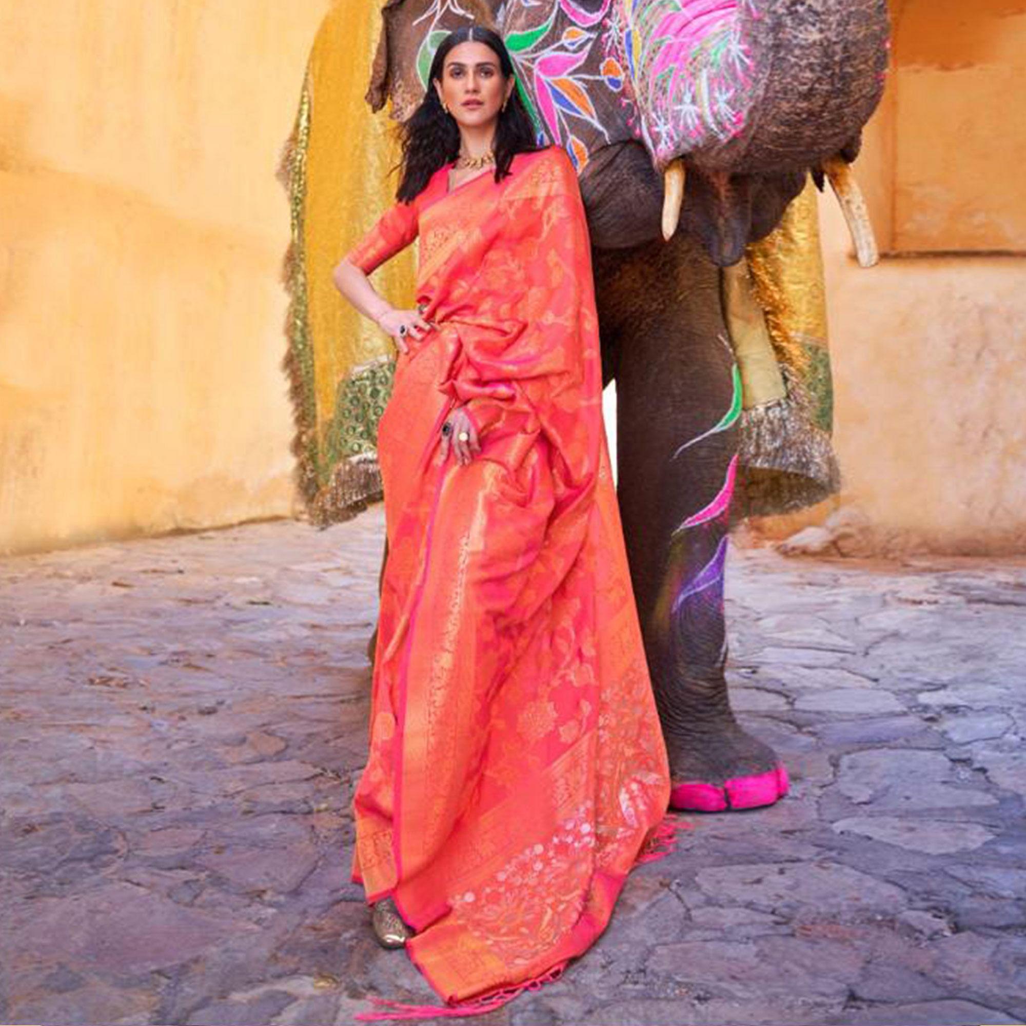 Peach Festive Wear Woven Art Silk Saree With Tassels - Peachmode