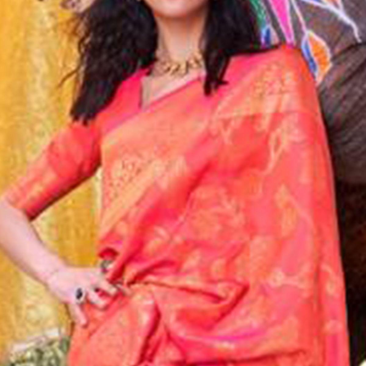 Peach Festive Wear Woven Art Silk Saree With Tassels - Peachmode