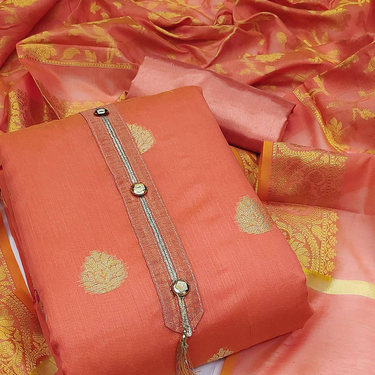 Peach Festive Wear Woven Banarasi Jacquard Dress Material - Peachmode