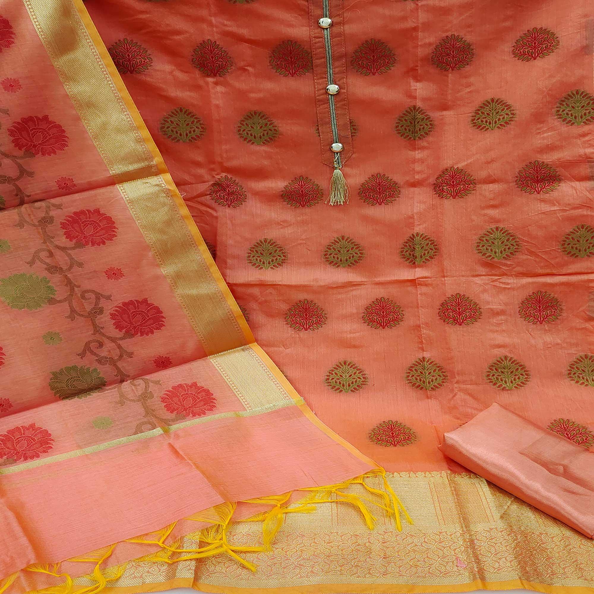 Peach Festive Wear Woven Banarasi Jacquard Dress Material - Peachmode