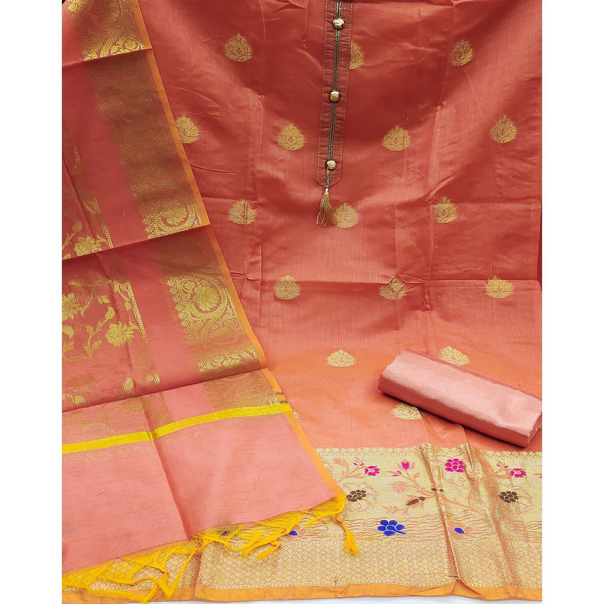 Peach Festive Wear Woven Banarasi Jacquard Dress Material - Peachmode