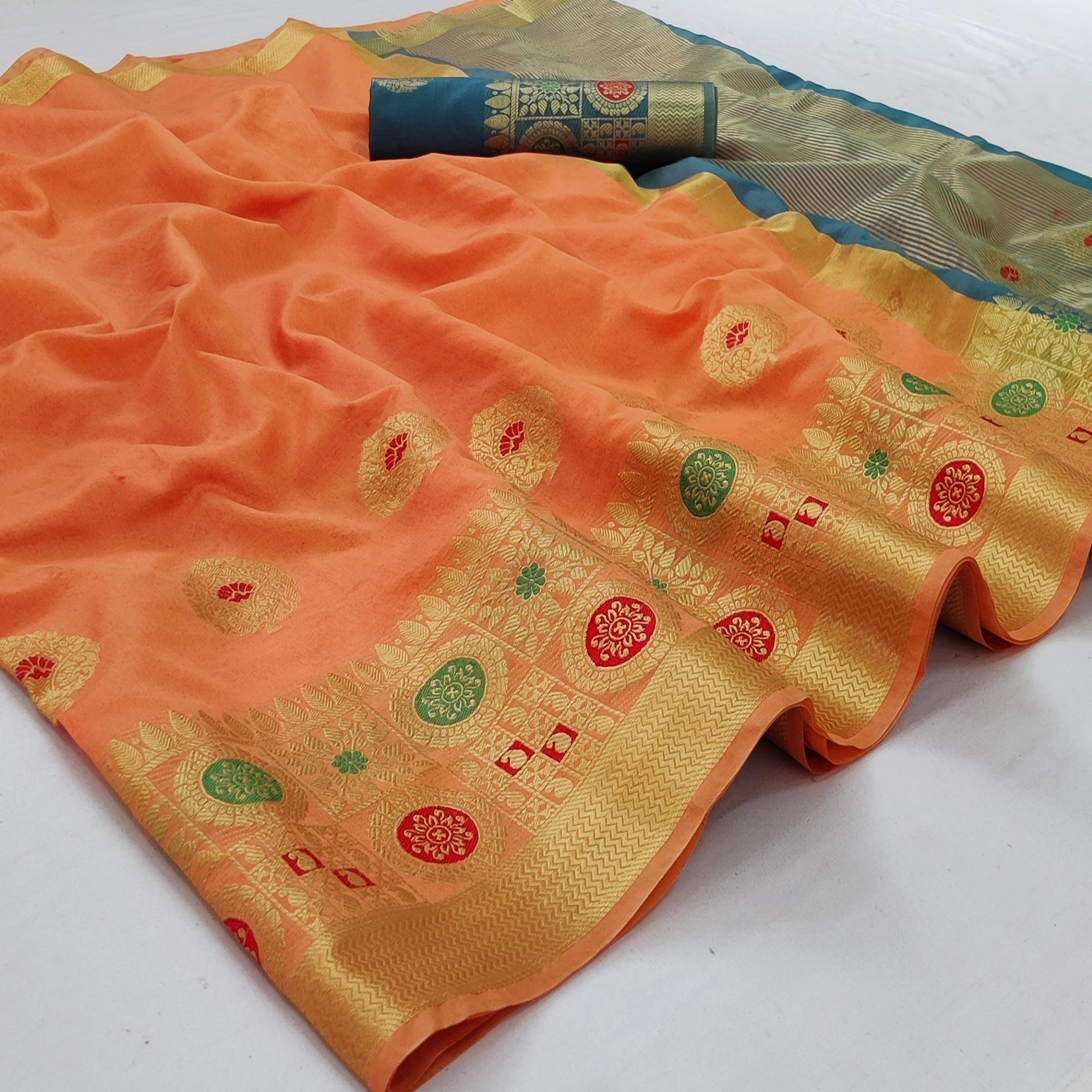 Peach Festive Wear Woven Banarasi Saree With Butta And Jacquard Border - Peachmode