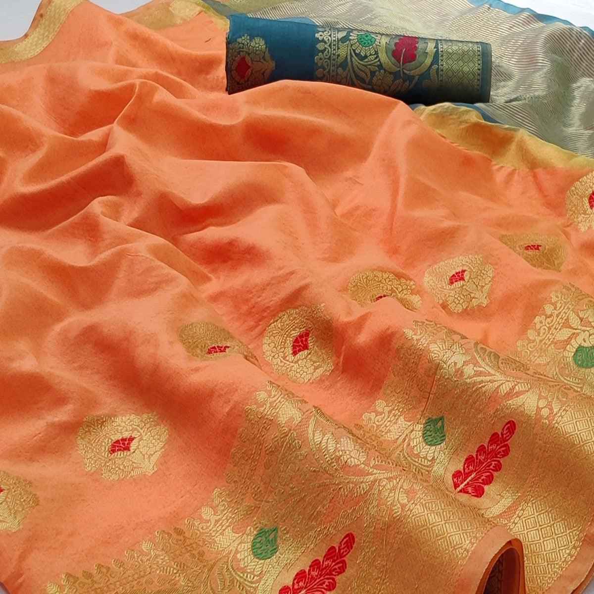 Peach Festive Wear Woven Banarasi Saree With Butta And Jacquard Border - Peachmode