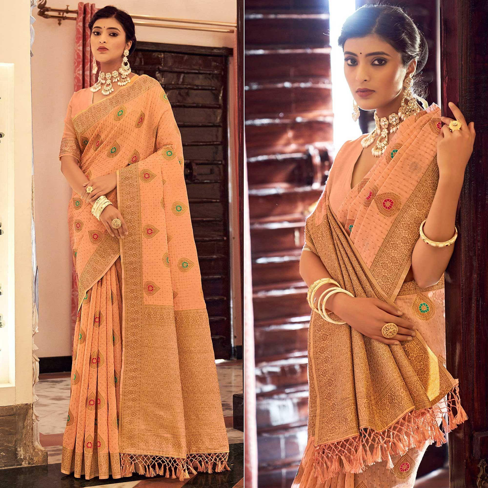 Peach Festive Wear Woven Banarasi Saree With Tassels - Peachmode