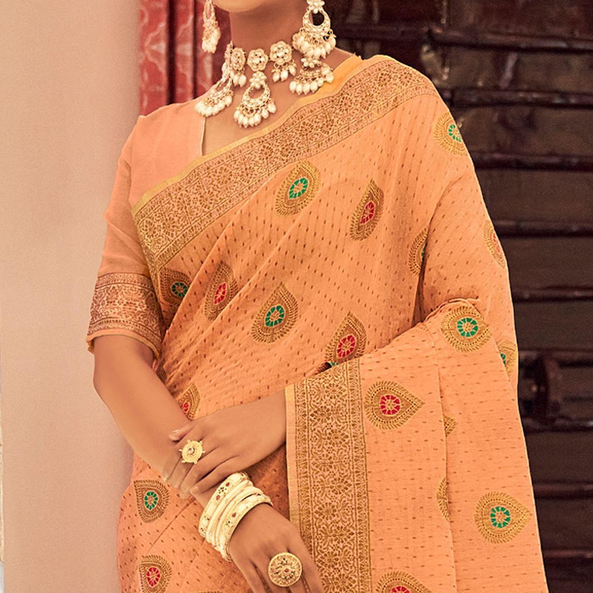 Peach Festive Wear Woven Banarasi Saree With Tassels - Peachmode