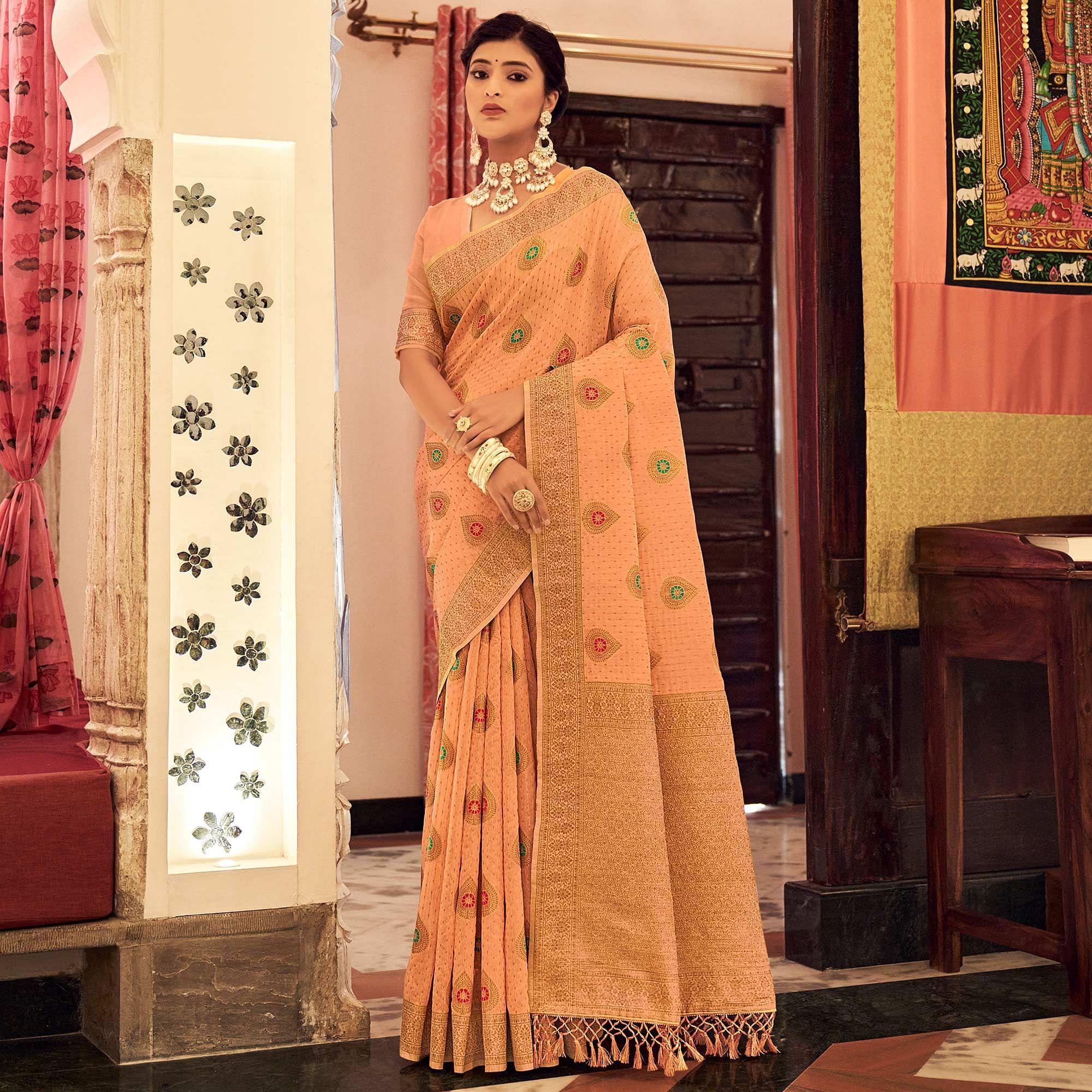 Peach Festive Wear Woven Banarasi Saree With Tassels - Peachmode