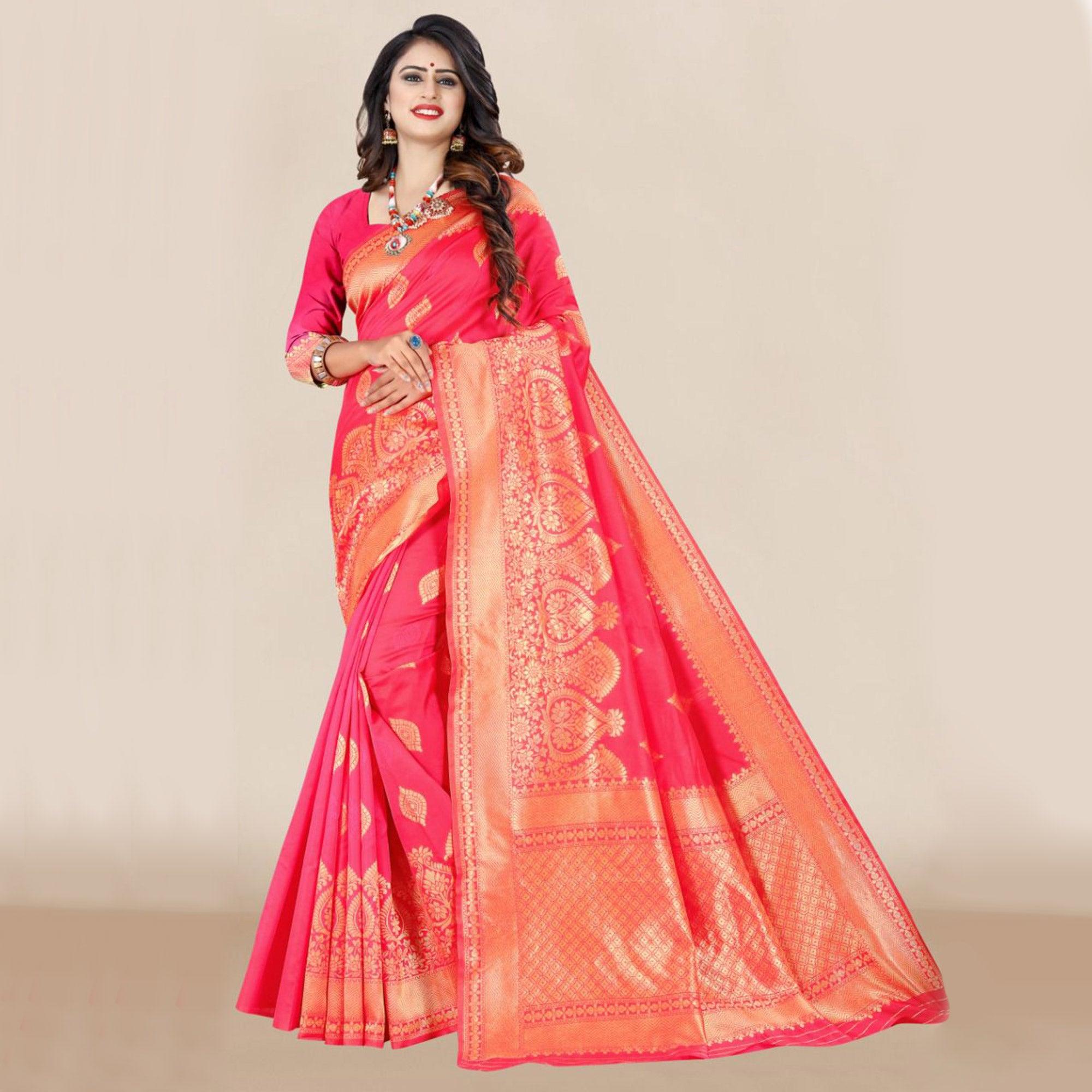 Peach Festive Wear Woven Banarasi Silk Saree - Peachmode