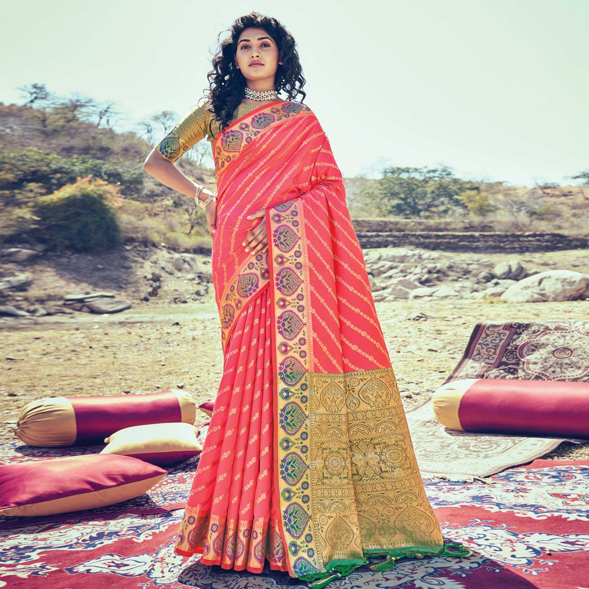 Peach Festive Wear Woven Banarasi Silk Saree - Peachmode