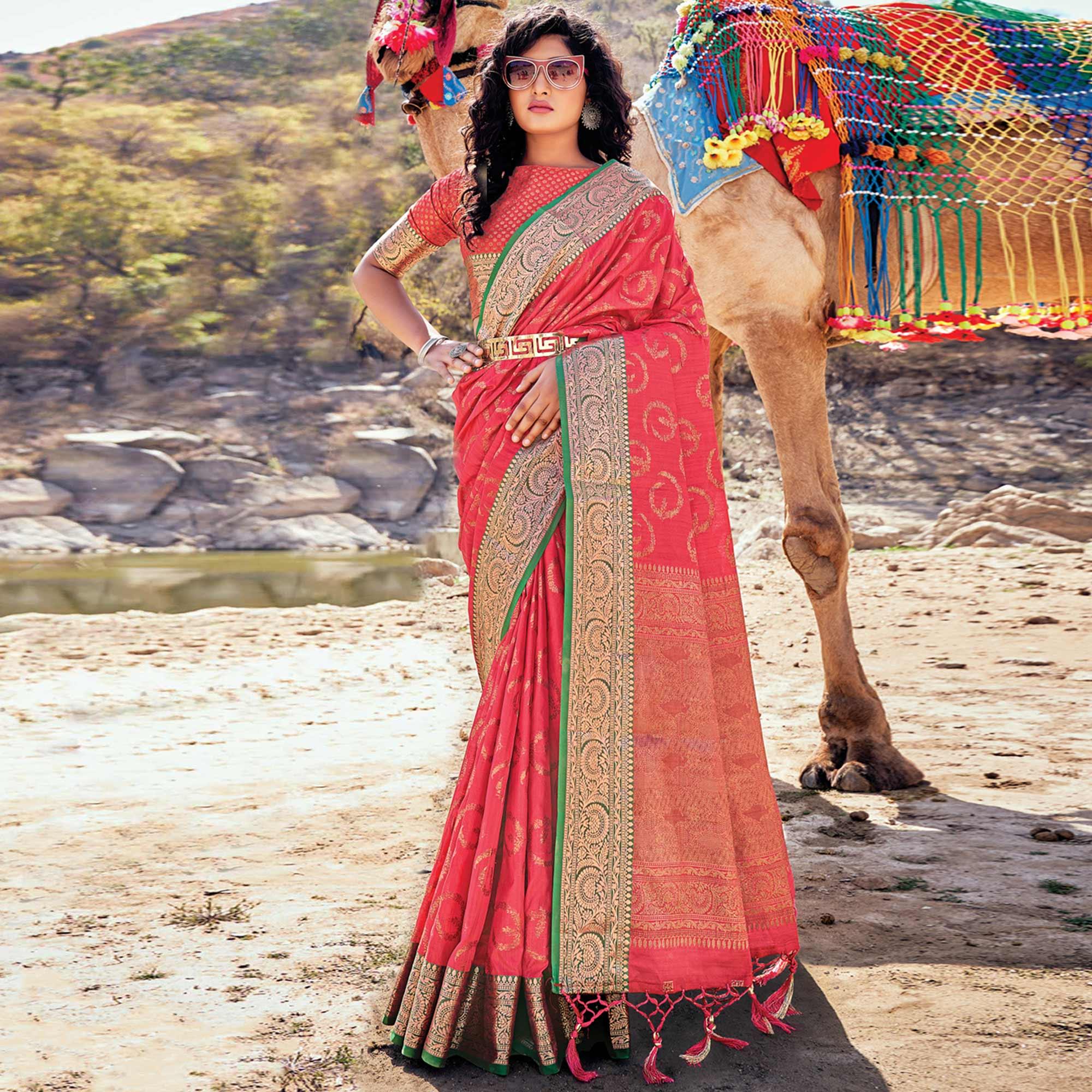 Peach Festive Wear Woven Banarasi Silk Saree - Peachmode