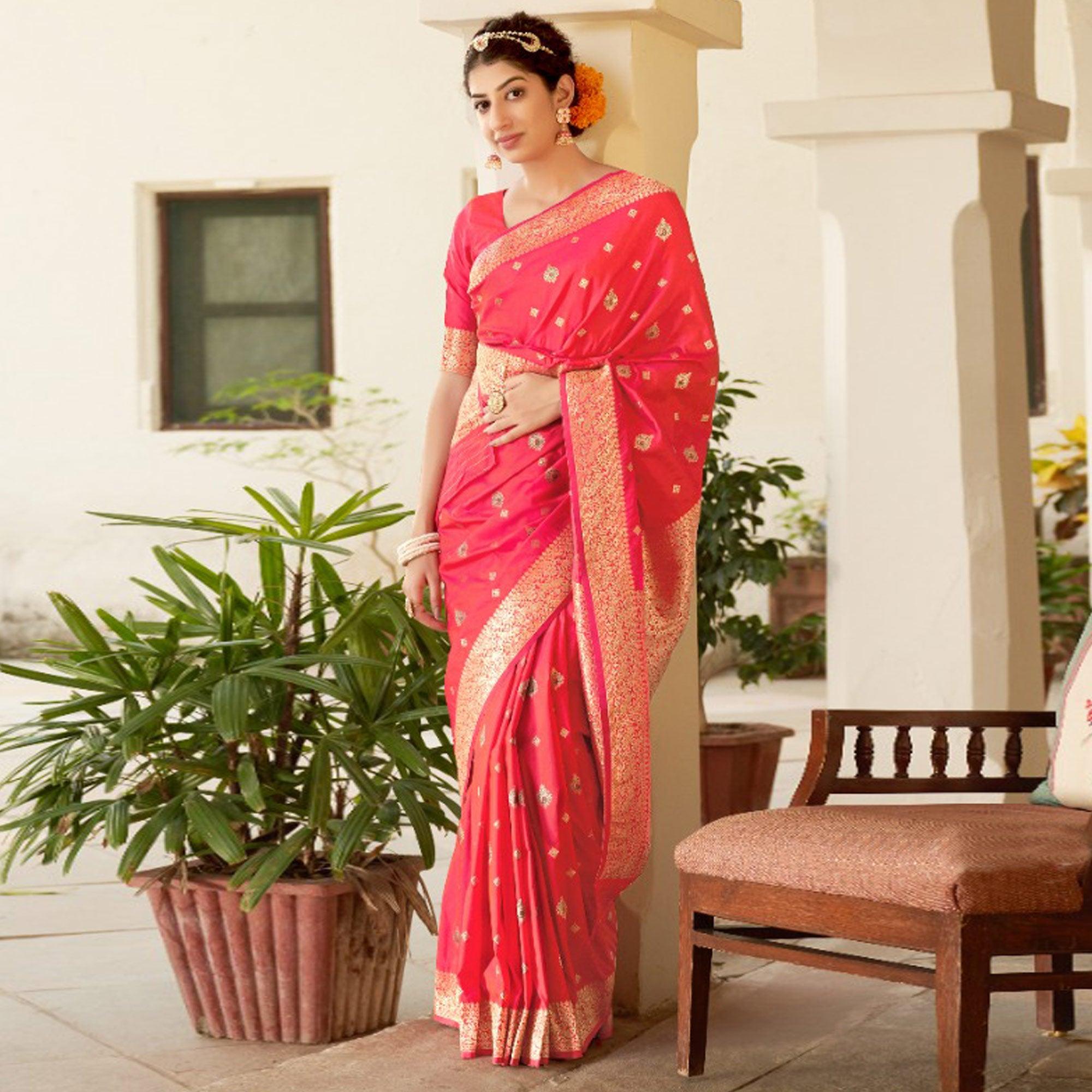 Peach Festive Wear Woven Banarasi Silk Saree - Peachmode