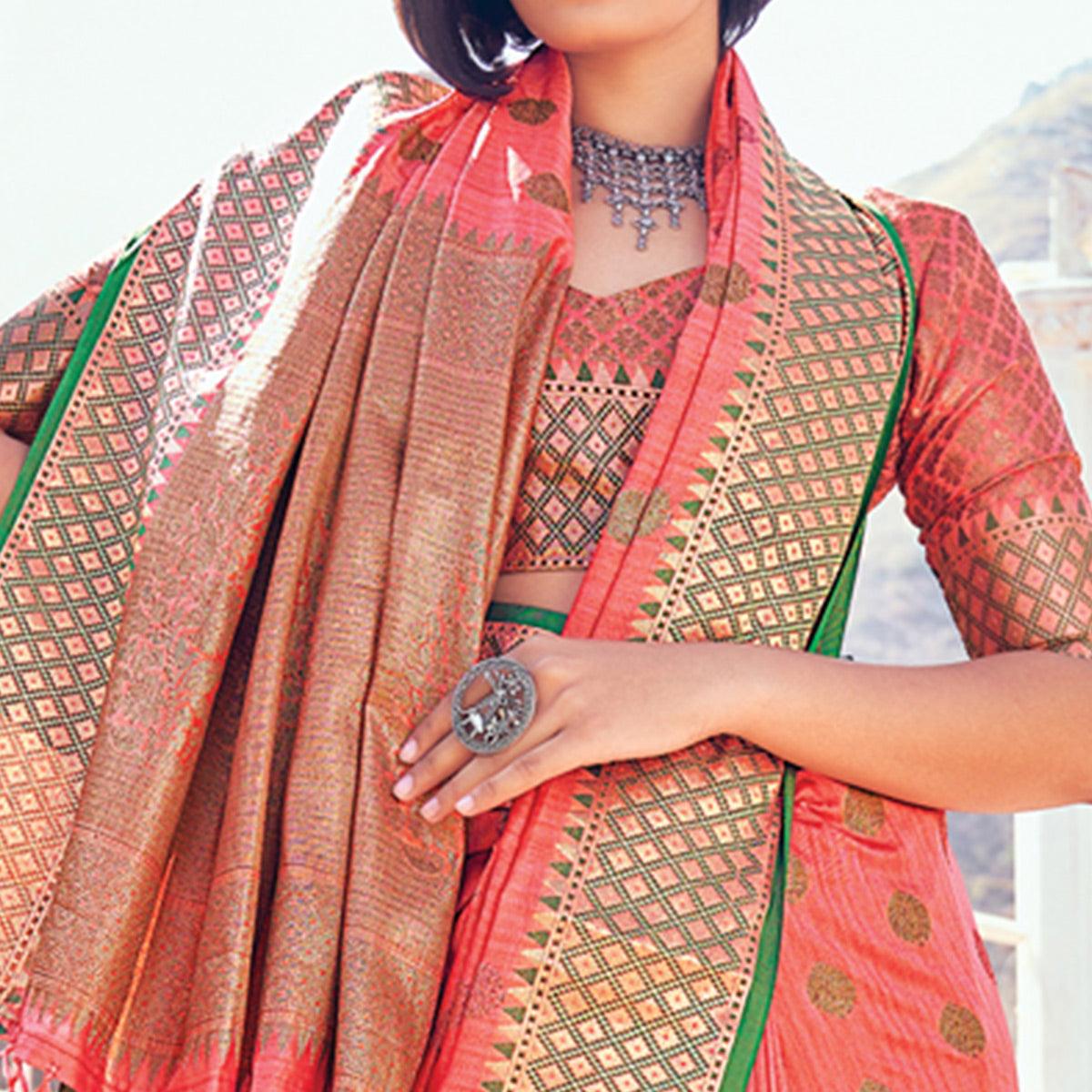 Peach Festive Wear Woven Banarasi Silk Saree - Peachmode