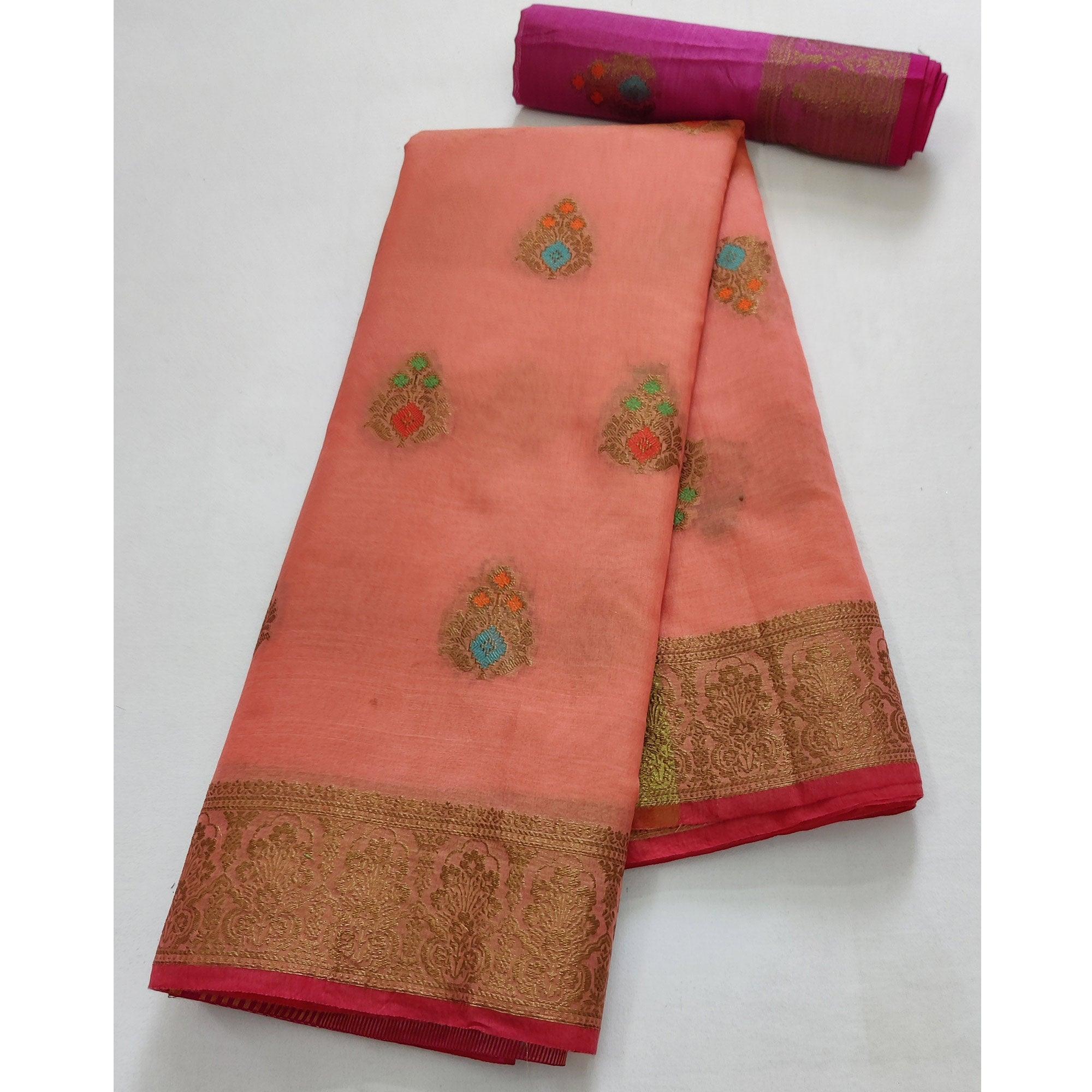 Peach Festive Wear Woven Border With Butta Work Cotton Saree - Peachmode