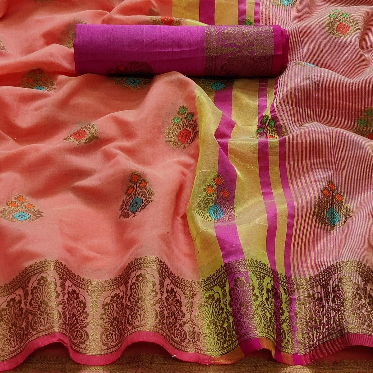 Peach Festive Wear Woven Border With Butta Work Cotton Saree - Peachmode