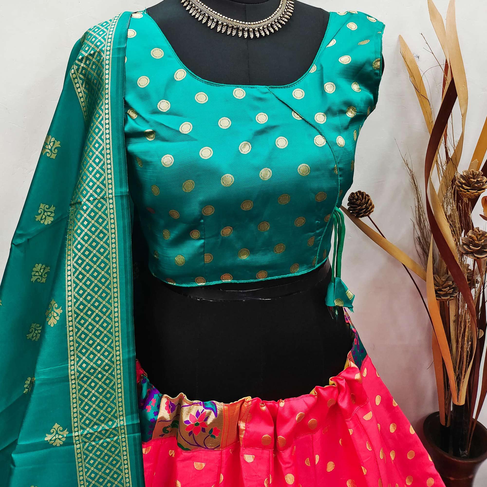 Peach Festive Wear Woven Brocade Lehenga Choli - Peachmode