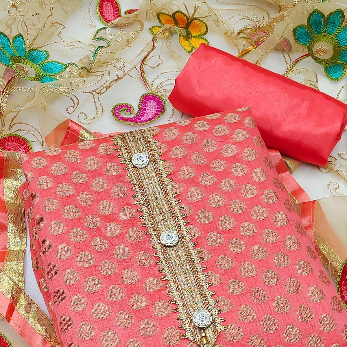 Peach Festive Wear Woven Chanderi Dress Material - Peachmode