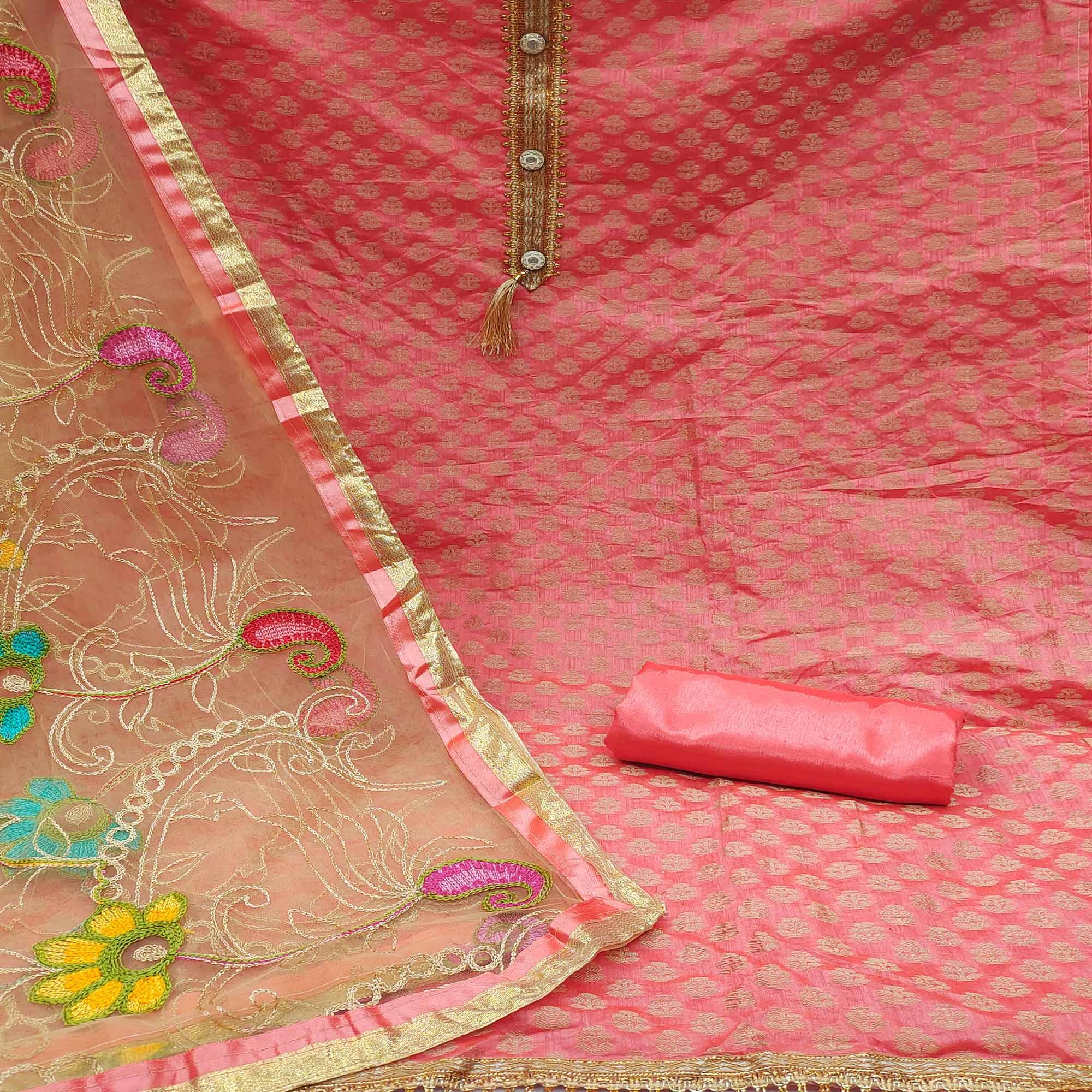 Peach Festive Wear Woven Chanderi Dress Material - Peachmode