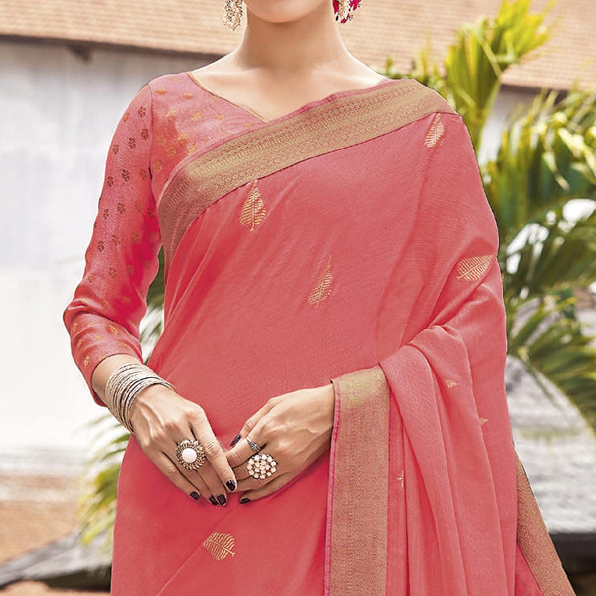 Peach Festive Wear Woven Chiffon Saree - Peachmode