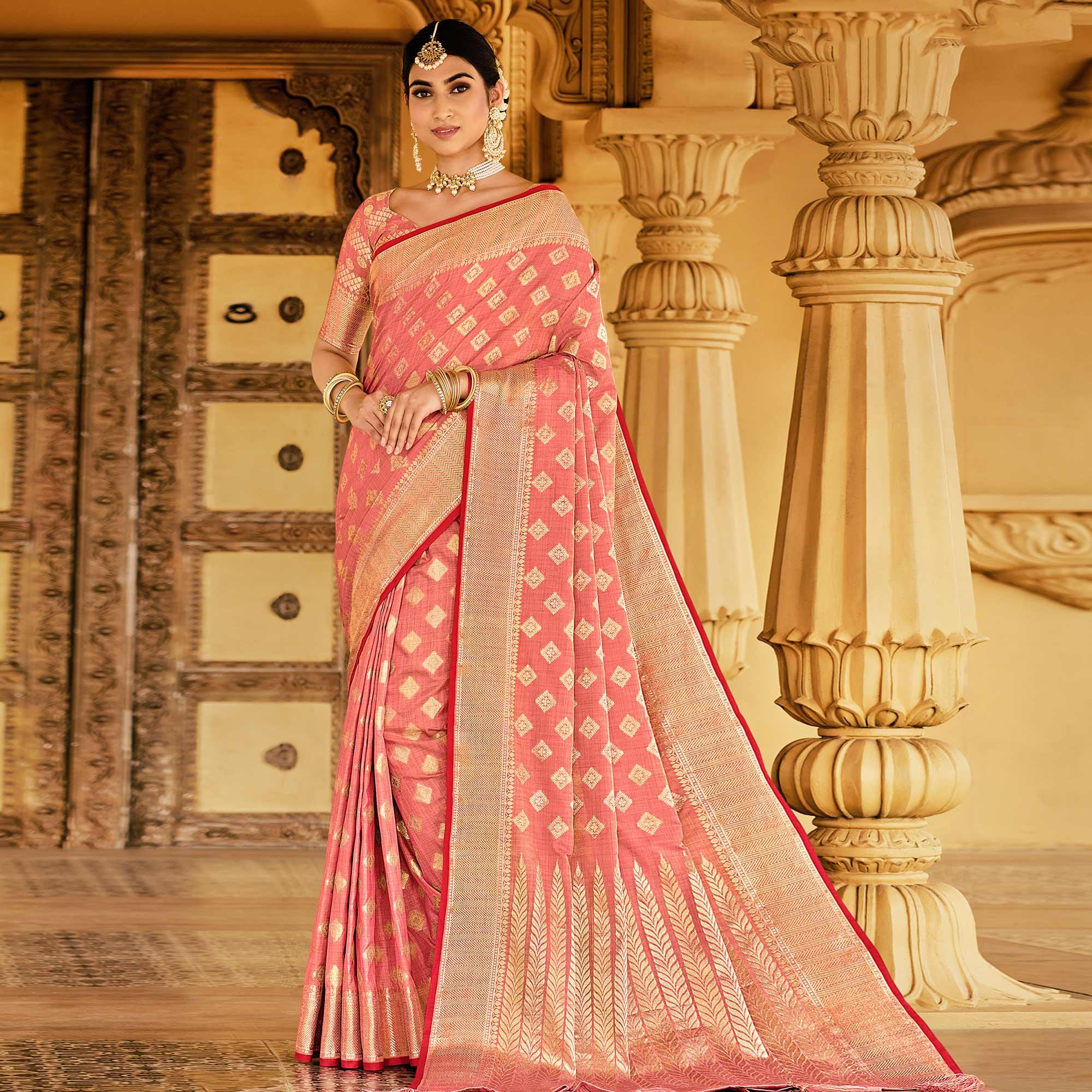 Peach Festive Wear Woven Cotton Handloom Saree - Peachmode