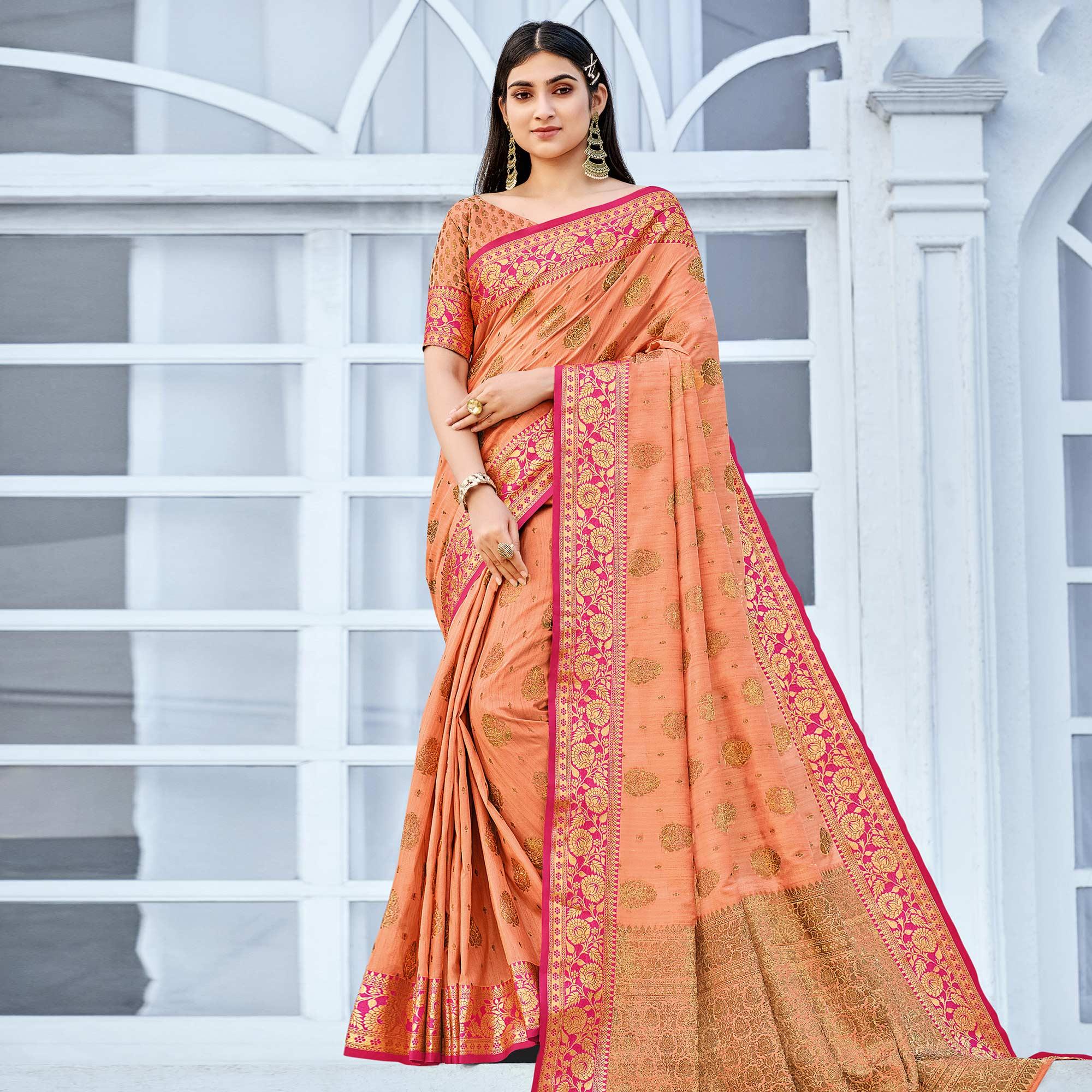 Peach Festive Wear Woven Cotton Handloom Saree - Peachmode