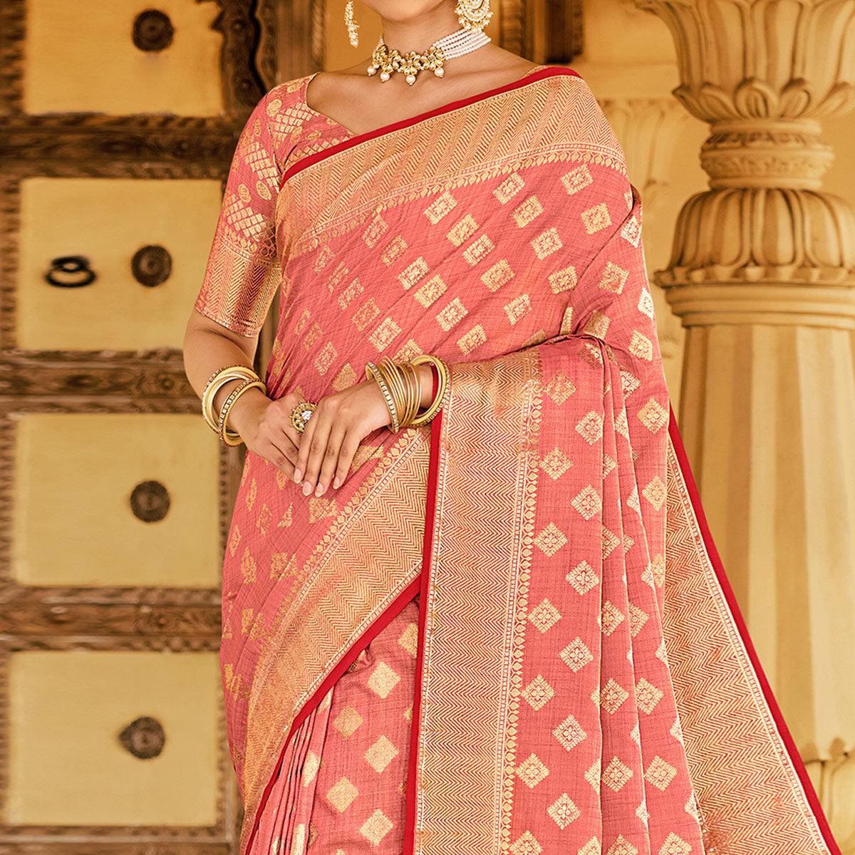 Peach Festive Wear Woven Cotton Handloom Saree - Peachmode