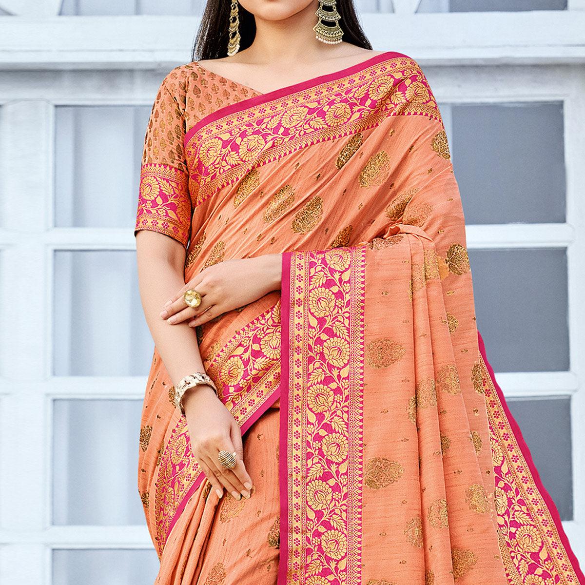 Peach Festive Wear Woven Cotton Handloom Saree - Peachmode