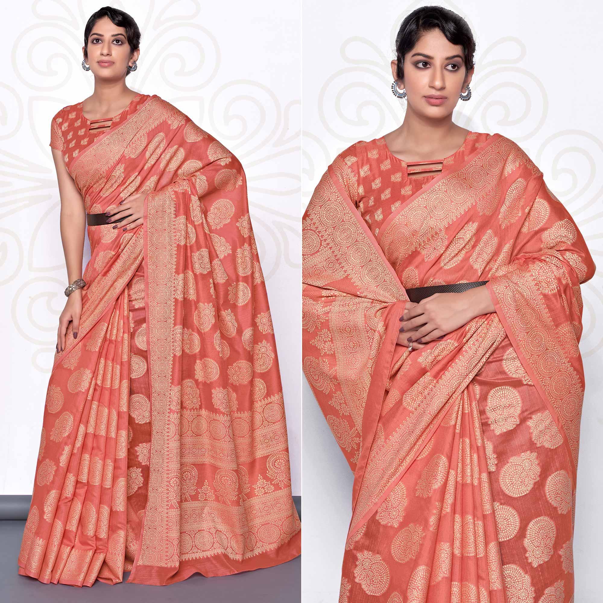 Peach Festive Wear Woven Cotton Saree - Peachmode