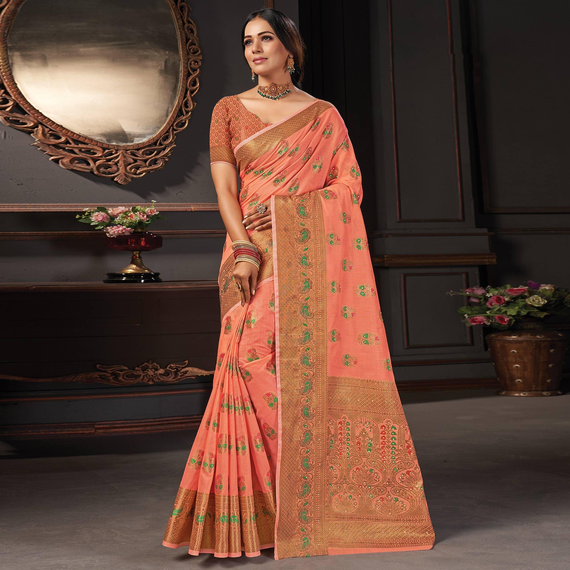 Peach Festive Wear Woven Cotton Saree - Peachmode
